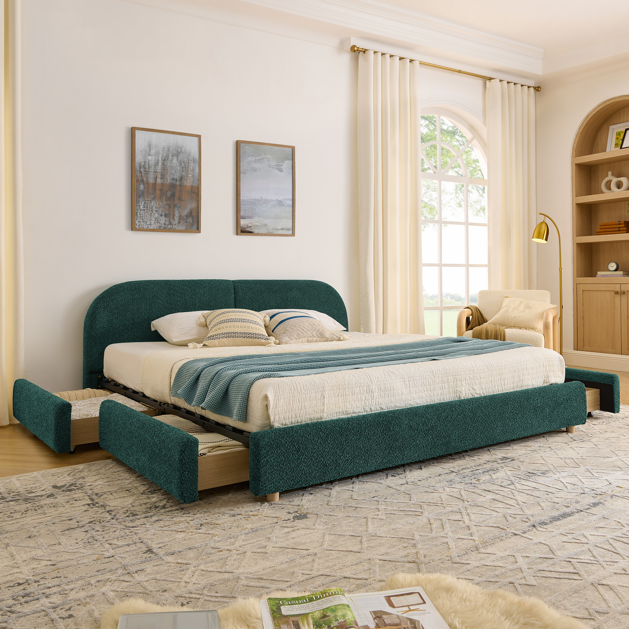 King Size Upholstered Bed Frame Modern Minimalist Style – Circle Yarn Fabric, Tall Curved Headboard, Sturdy Leg Support & Wheeled Drawer Storage, Mattress Not Included – Green
