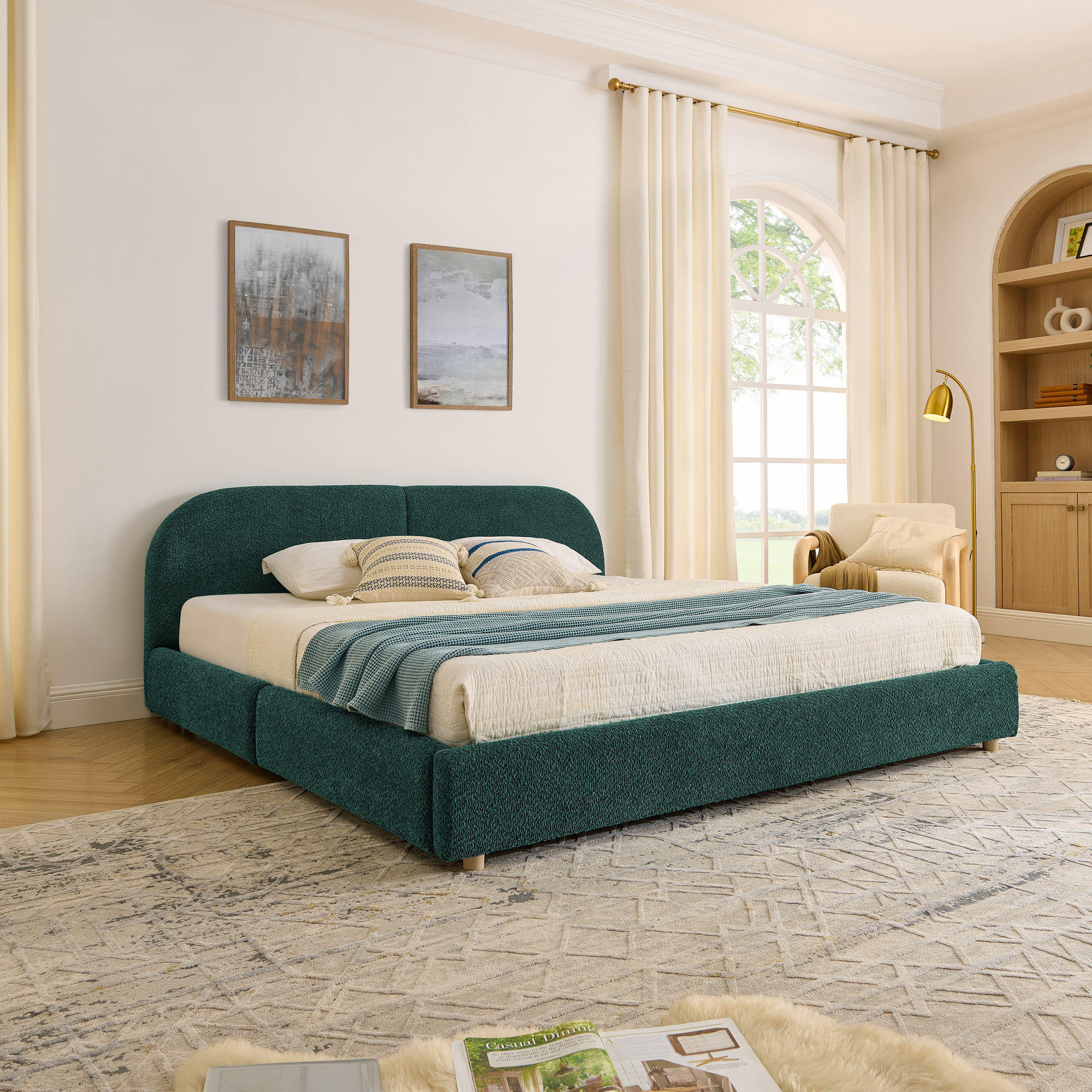 King Size Upholstered Bed Frame Modern Minimalist Style - Circle Yarn Fabric, Tall Curved Headboard, Sturdy Leg Support & Wheeled Drawer Storage, Mattress Not Included - Green - Image 2