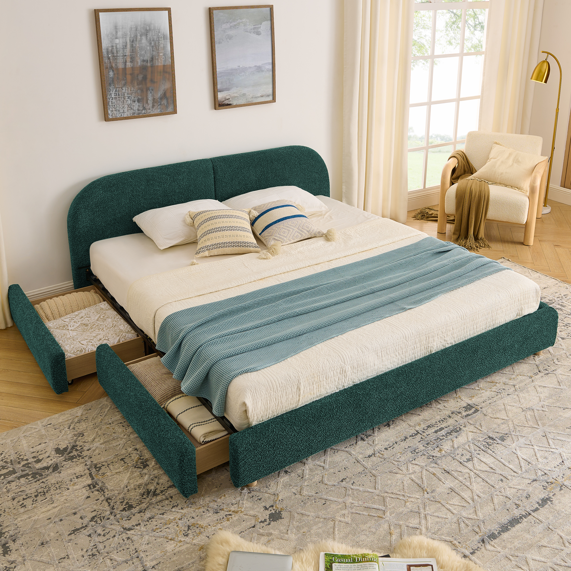 King Size Upholstered Bed Frame Modern Minimalist Style - Circle Yarn Fabric, Tall Curved Headboard, Sturdy Leg Support & Wheeled Drawer Storage, Mattress Not Included - Green - Image 3