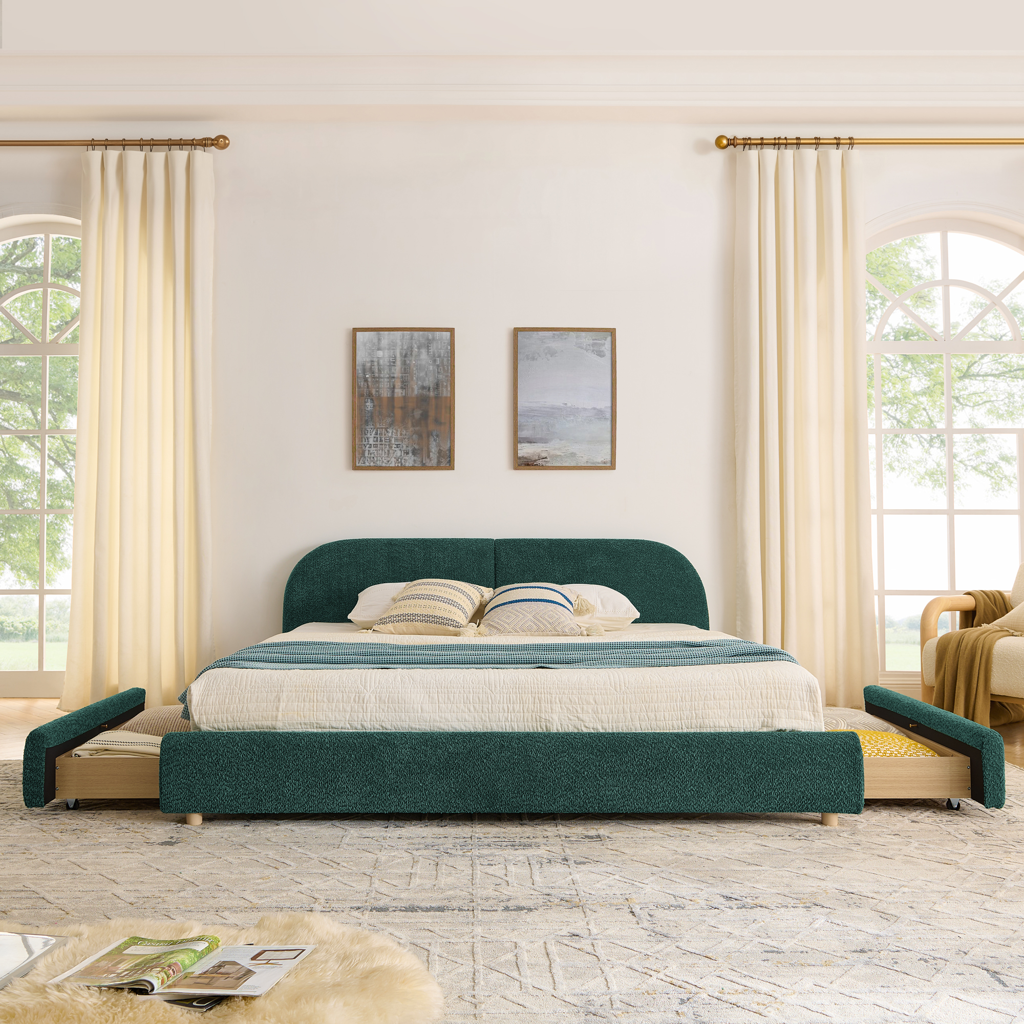 King Size Upholstered Bed Frame Modern Minimalist Style - Circle Yarn Fabric, Tall Curved Headboard, Sturdy Leg Support & Wheeled Drawer Storage, Mattress Not Included - Green - Image 4
