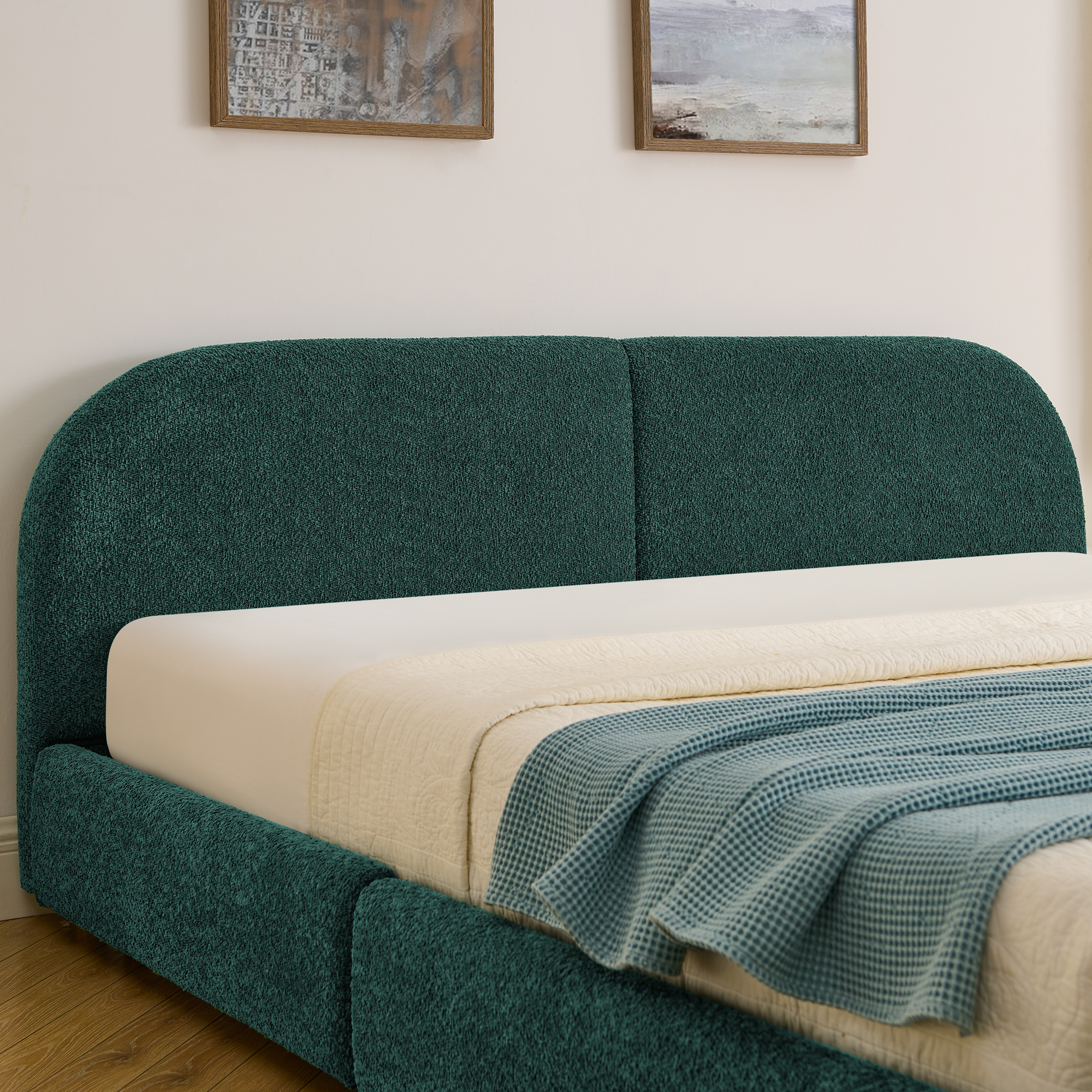 King Size Upholstered Bed Frame Modern Minimalist Style - Circle Yarn Fabric, Tall Curved Headboard, Sturdy Leg Support & Wheeled Drawer Storage, Mattress Not Included - Green - Image 5