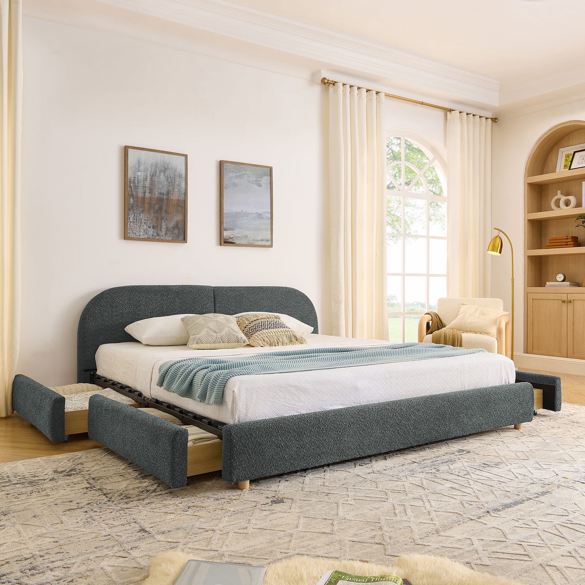 King Size Upholstered Bed Frame Modern Minimalist Style - Circle Yarn Fabric, Tall Curved Headboard, Sturdy Leg Support & Wheeled Drawer Storage, Mattress Not Included - Dark Gray - Image 1