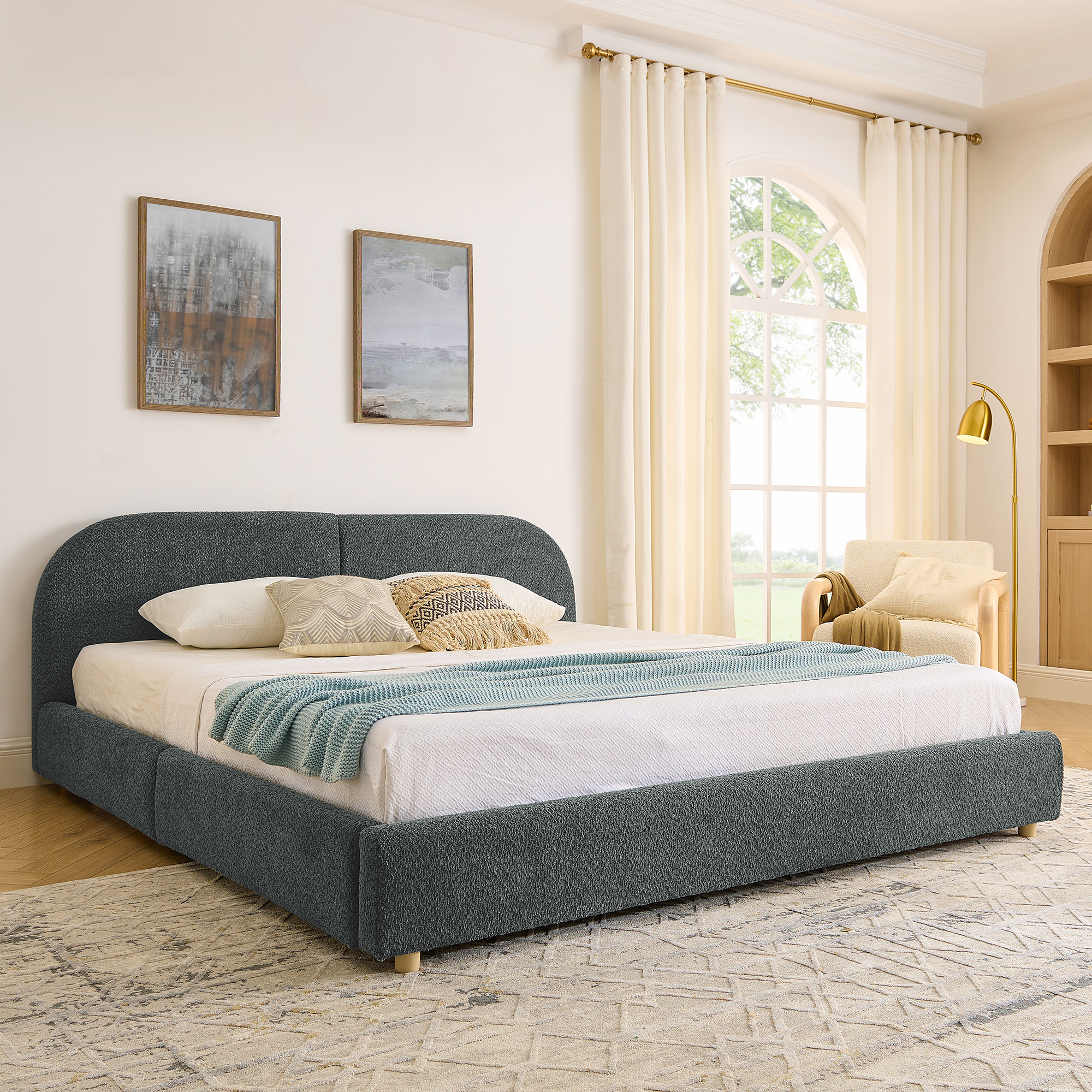 King Size Upholstered Bed Frame Modern Minimalist Style - Circle Yarn Fabric, Tall Curved Headboard, Sturdy Leg Support & Wheeled Drawer Storage, Mattress Not Included - Dark Gray - Image 2