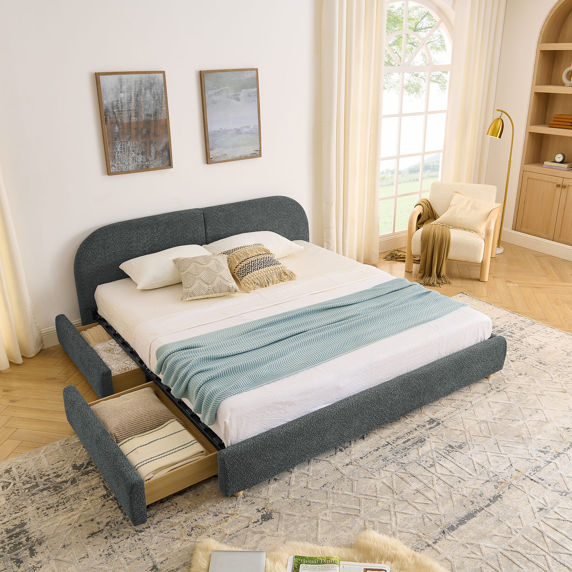 King Size Upholstered Bed Frame Modern Minimalist Style - Circle Yarn Fabric, Tall Curved Headboard, Sturdy Leg Support & Wheeled Drawer Storage, Mattress Not Included - Dark Gray - Image 3