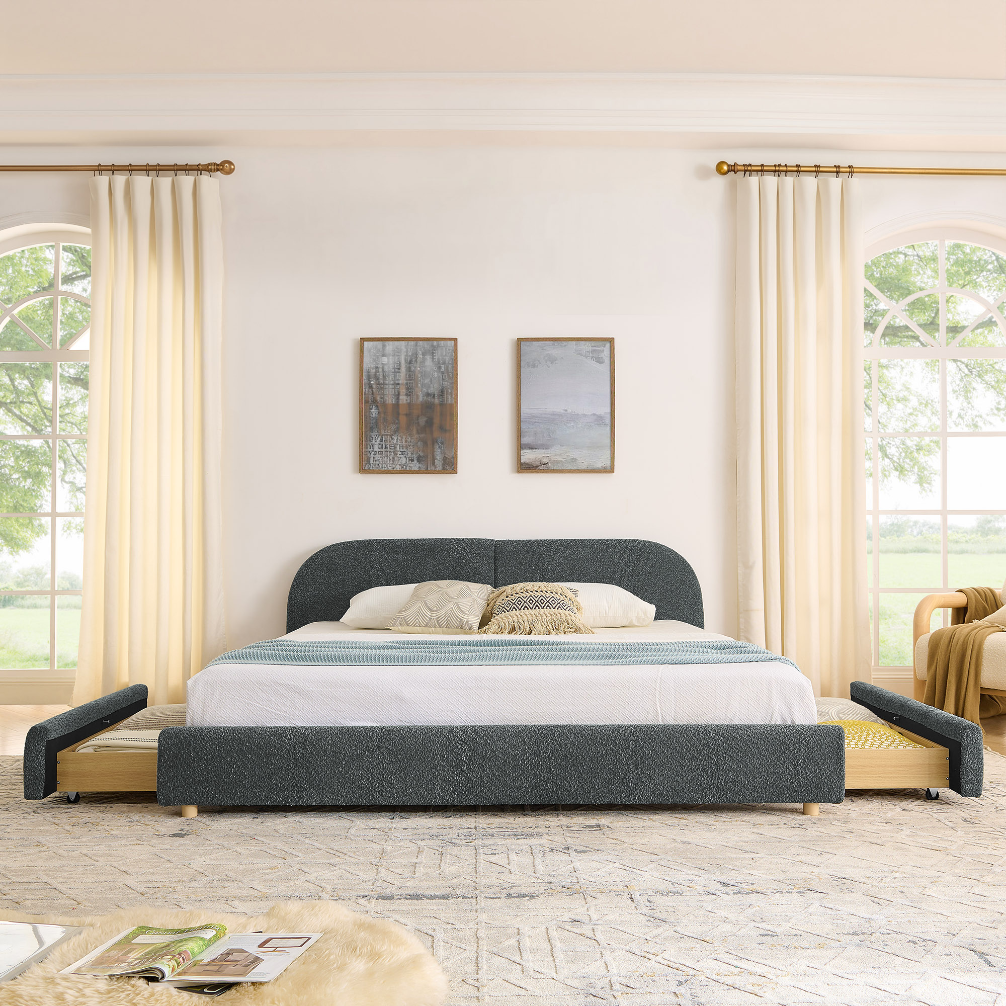 King Size Upholstered Bed Frame Modern Minimalist Style - Circle Yarn Fabric, Tall Curved Headboard, Sturdy Leg Support & Wheeled Drawer Storage, Mattress Not Included - Dark Gray - Image 4