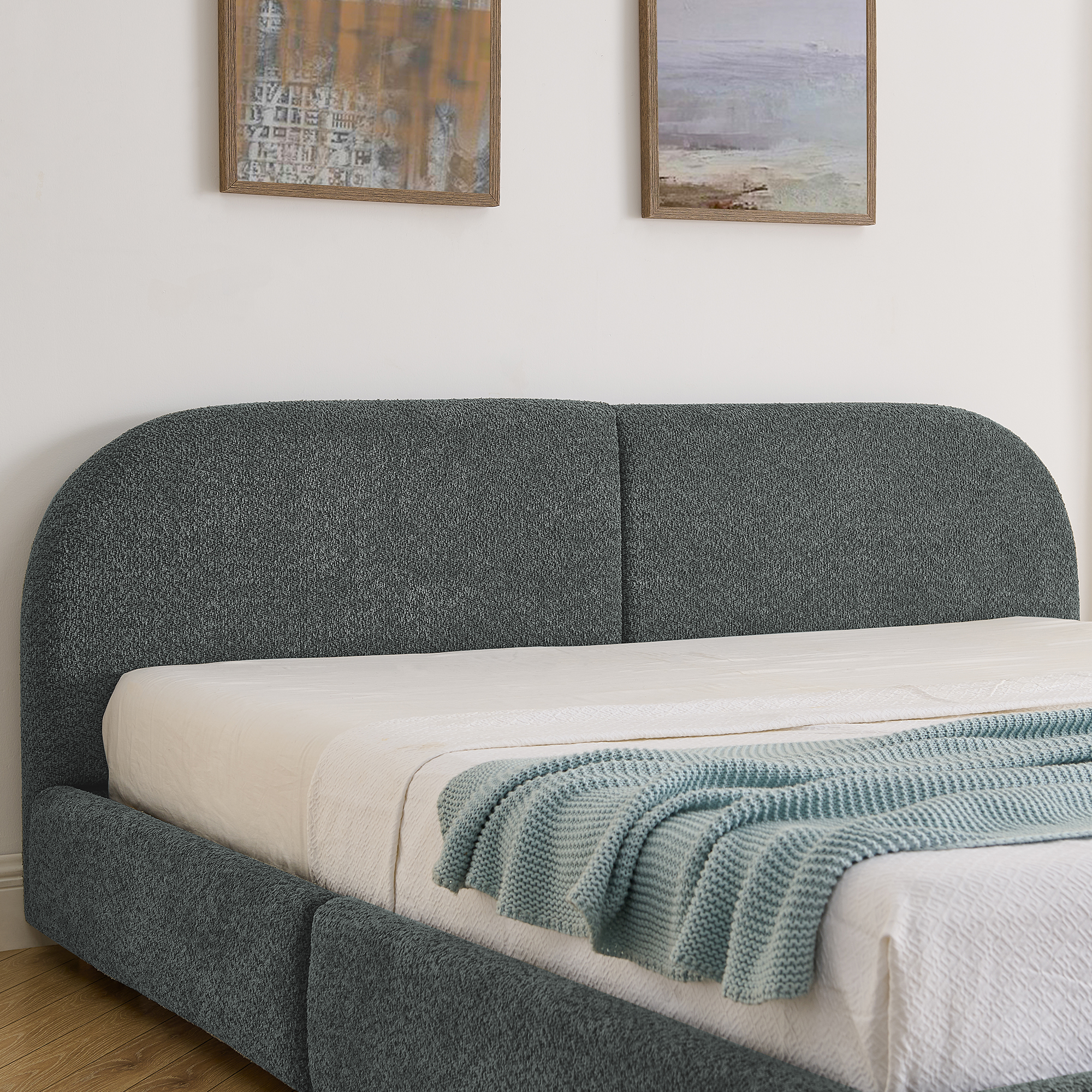 King Size Upholstered Bed Frame Modern Minimalist Style - Circle Yarn Fabric, Tall Curved Headboard, Sturdy Leg Support & Wheeled Drawer Storage, Mattress Not Included - Dark Gray - Image 5