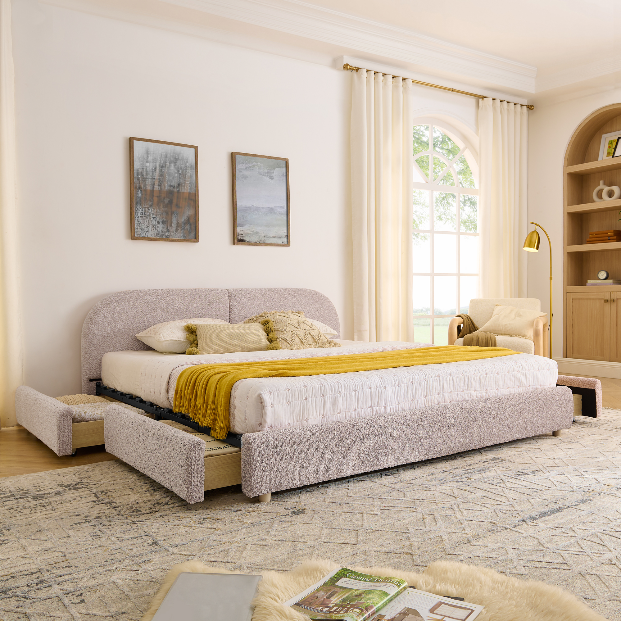 King Size Upholstered Bed Frame Modern Minimalist Style - Circle Yarn Fabric, Tall Curved Headboard, Sturdy Leg Support & Wheeled Drawer Storage, Mattress Not Included - Pink - Image 1