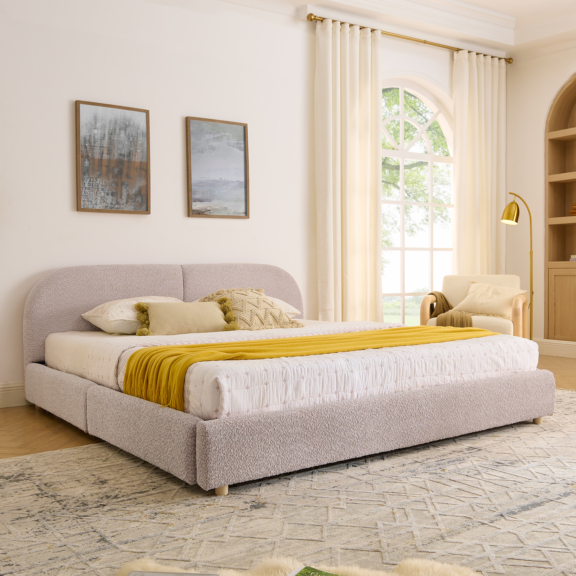 King Size Upholstered Bed Frame Modern Minimalist Style - Circle Yarn Fabric, Tall Curved Headboard, Sturdy Leg Support & Wheeled Drawer Storage, Mattress Not Included - Pink - Image 2