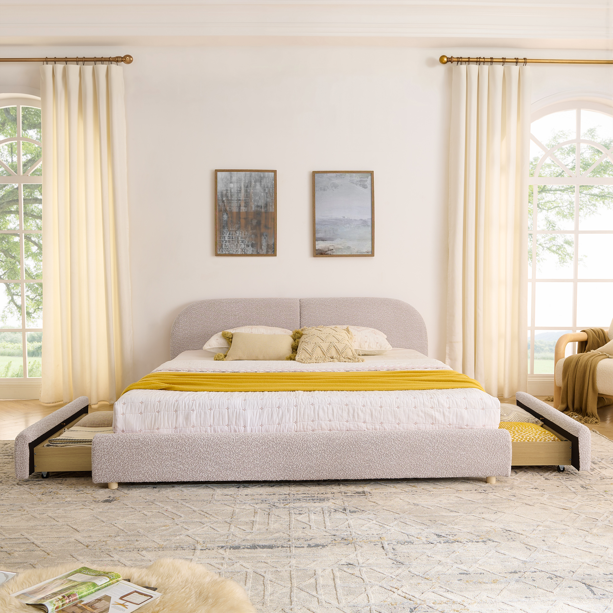King Size Upholstered Bed Frame Modern Minimalist Style - Circle Yarn Fabric, Tall Curved Headboard, Sturdy Leg Support & Wheeled Drawer Storage, Mattress Not Included - Pink - Image 3