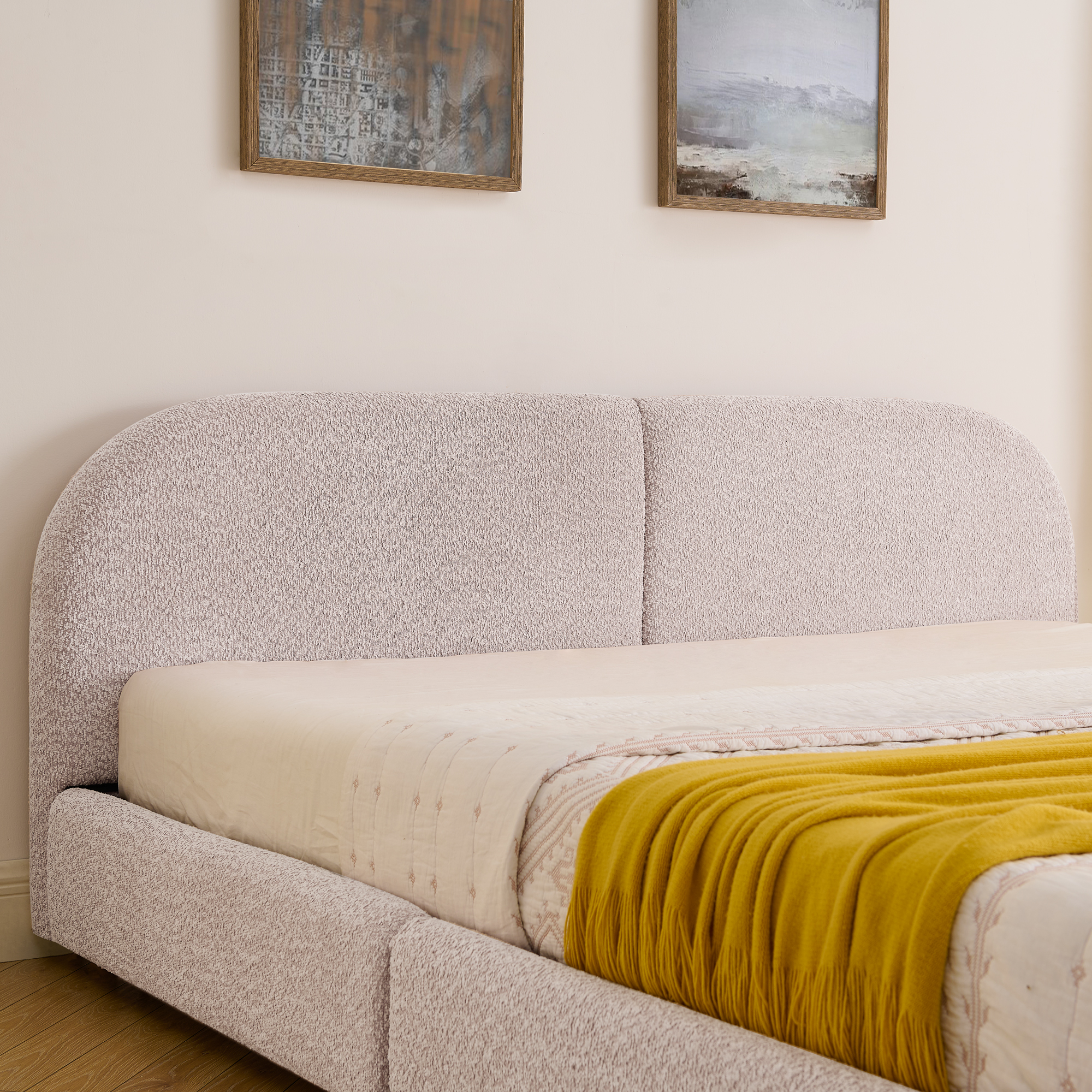 King Size Upholstered Bed Frame Modern Minimalist Style - Circle Yarn Fabric, Tall Curved Headboard, Sturdy Leg Support & Wheeled Drawer Storage, Mattress Not Included - Pink - Image 4