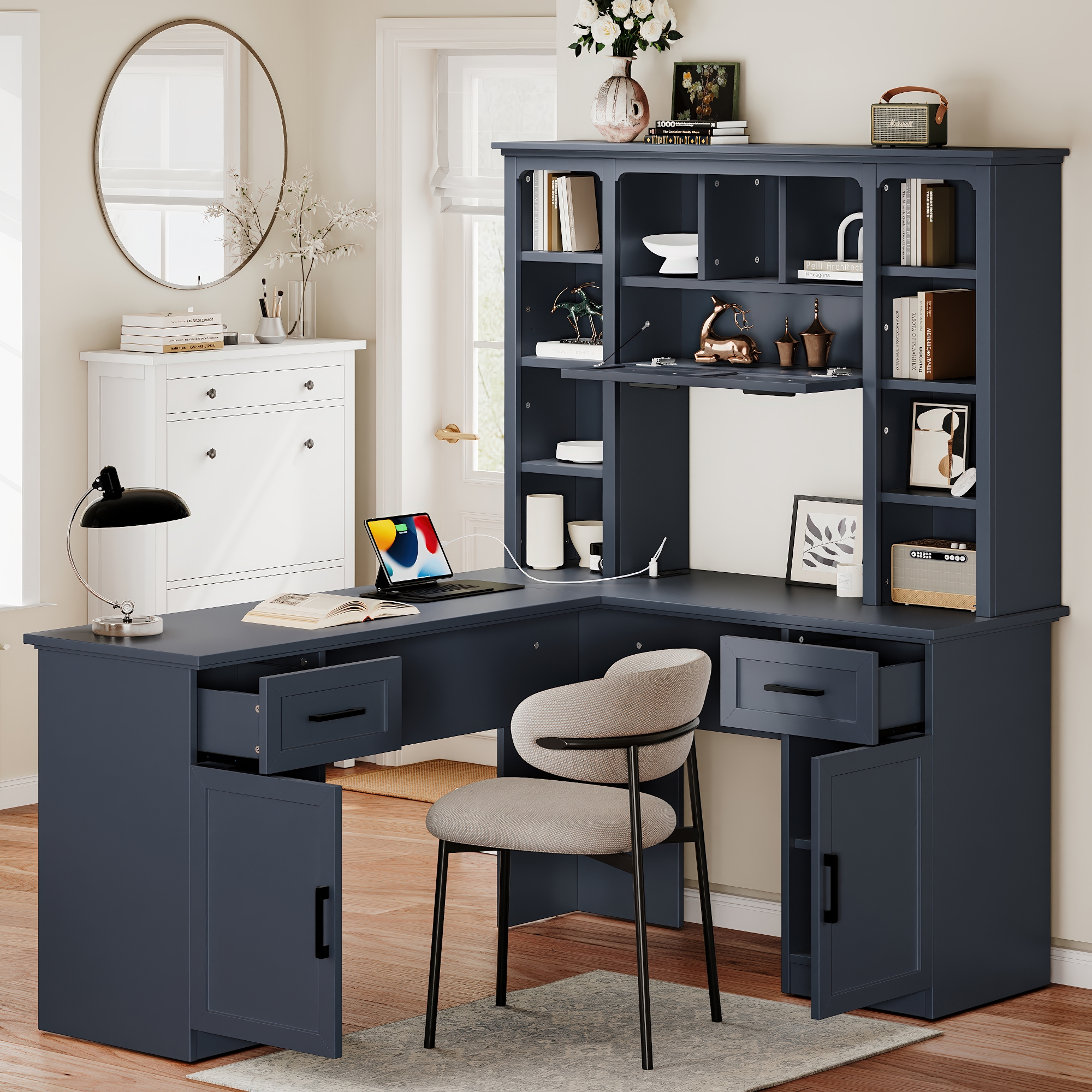 L-Shaped Computer Desk with 2 Cabinets and 2 Drawers, 11 Open Shelves and 1 Right Flip Shelf with Storage, with Power Outlet, for Study, Living Room and Office, Antique Blue - Image 2