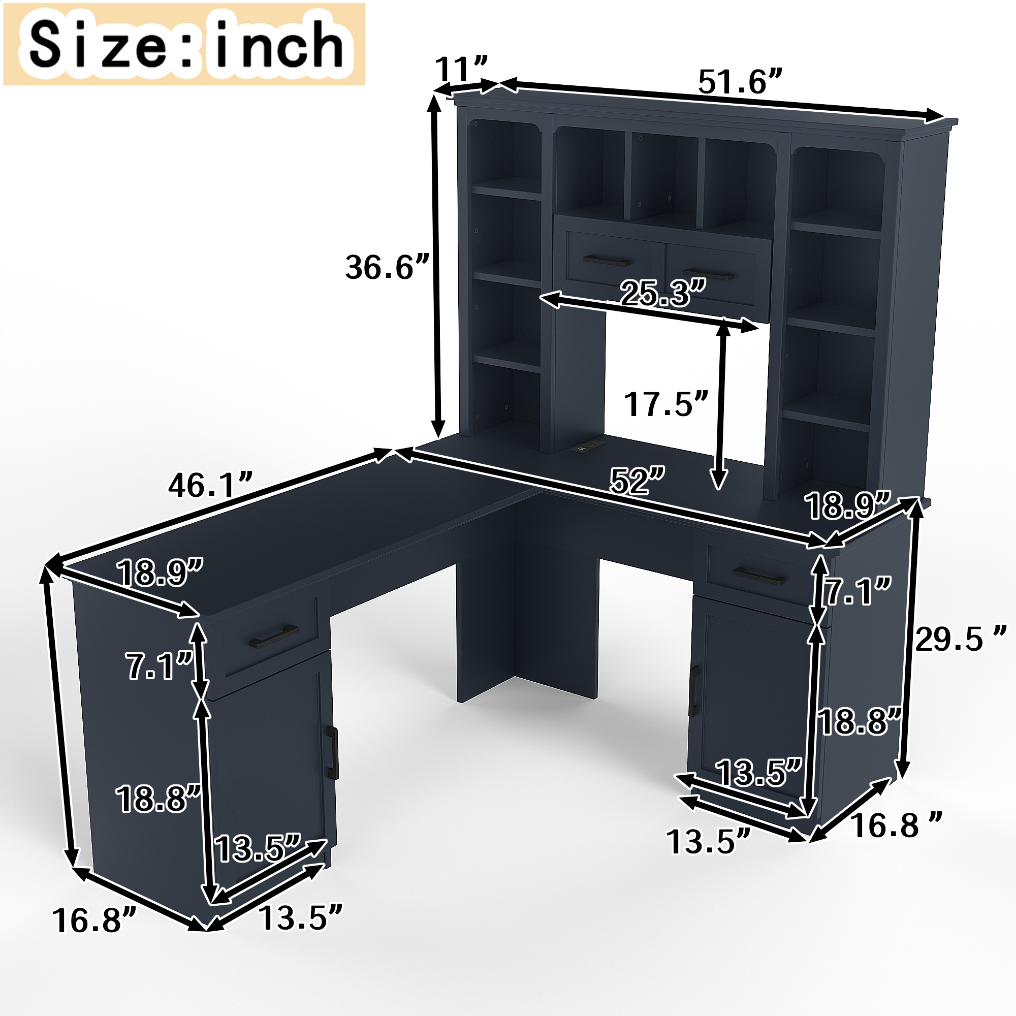 L-Shaped Computer Desk with 2 Cabinets and 2 Drawers, 11 Open Shelves and 1 Right Flip Shelf with Storage, with Power Outlet, for Study, Living Room and Office, Antique Blue - Image 3