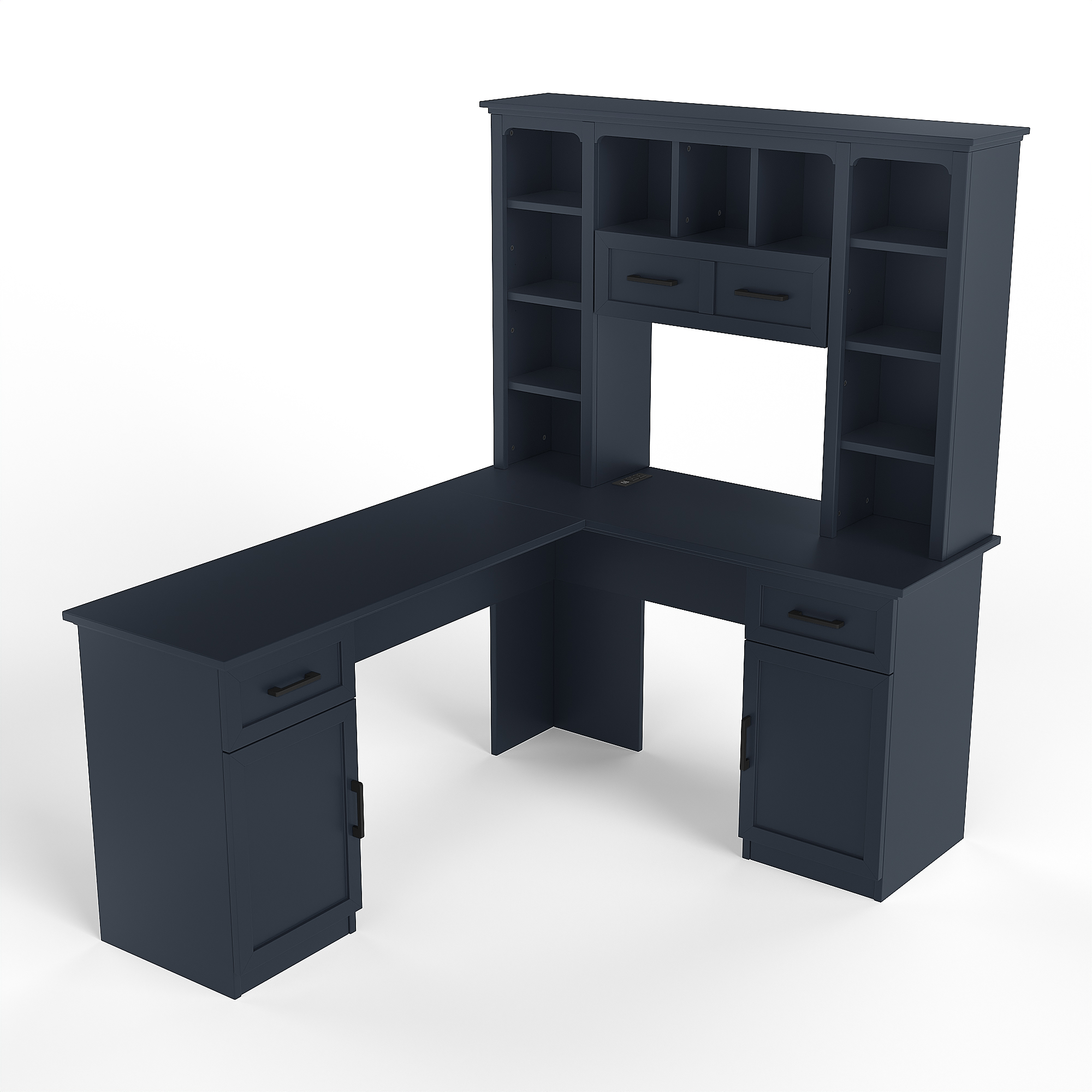 L-Shaped Computer Desk with 2 Cabinets and 2 Drawers, 11 Open Shelves and 1 Right Flip Shelf with Storage, with Power Outlet, for Study, Living Room and Office, Antique Blue - Image 4