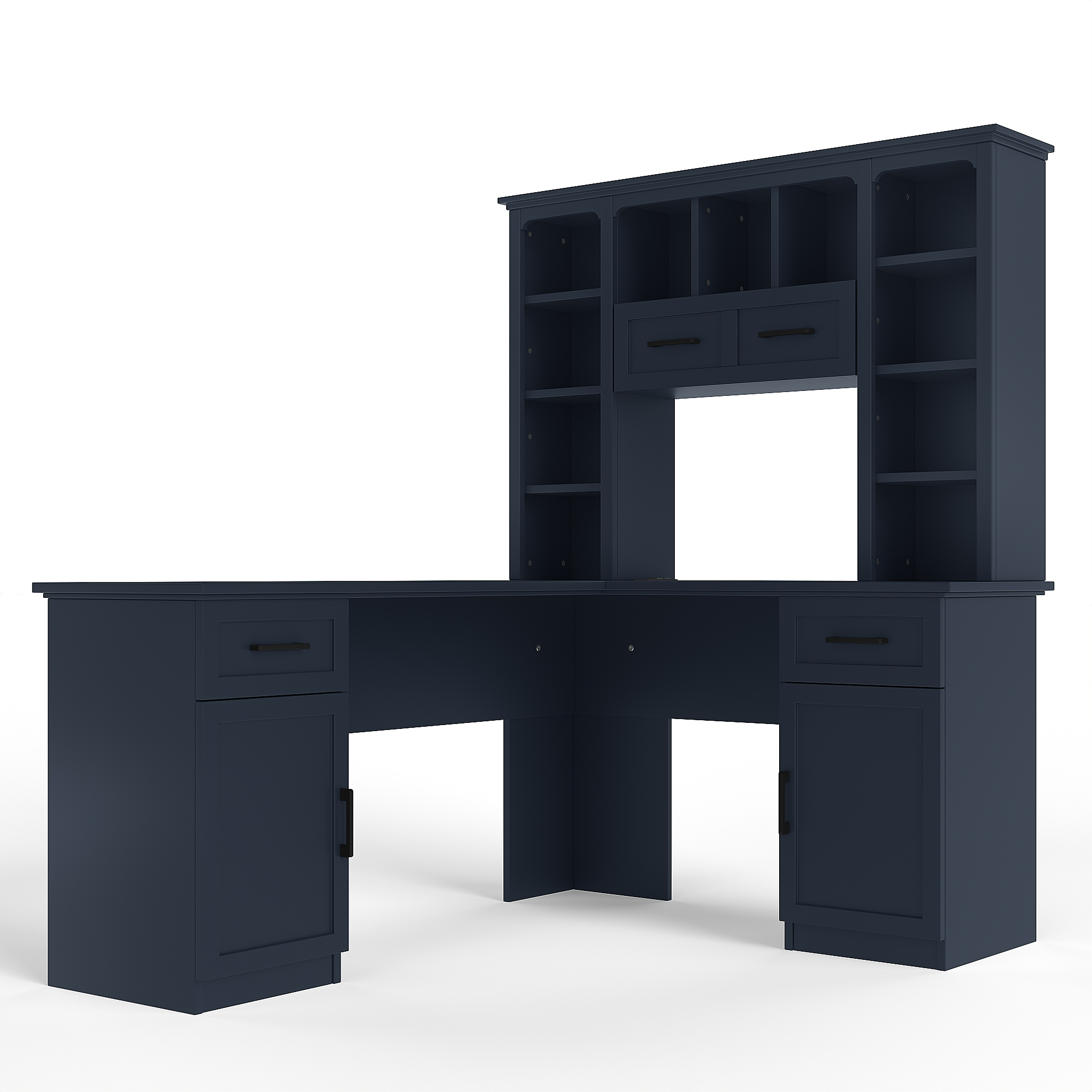 L-Shaped Computer Desk with 2 Cabinets and 2 Drawers, 11 Open Shelves and 1 Right Flip Shelf with Storage, with Power Outlet, for Study, Living Room and Office, Antique Blue - Image 5