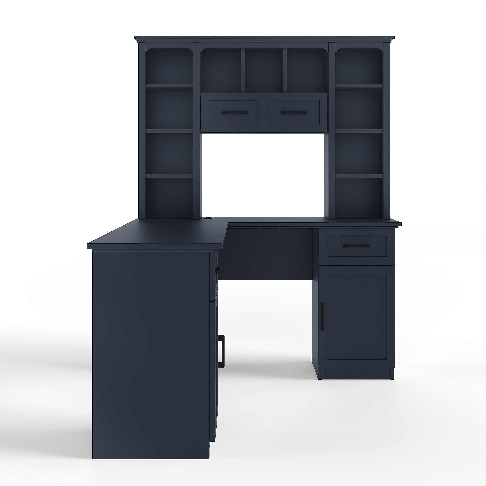 L-Shaped Computer Desk with 2 Cabinets and 2 Drawers, 11 Open Shelves and 1 Right Flip Shelf with Storage, with Power Outlet, for Study, Living Room and Office, Antique Blue - Image 6