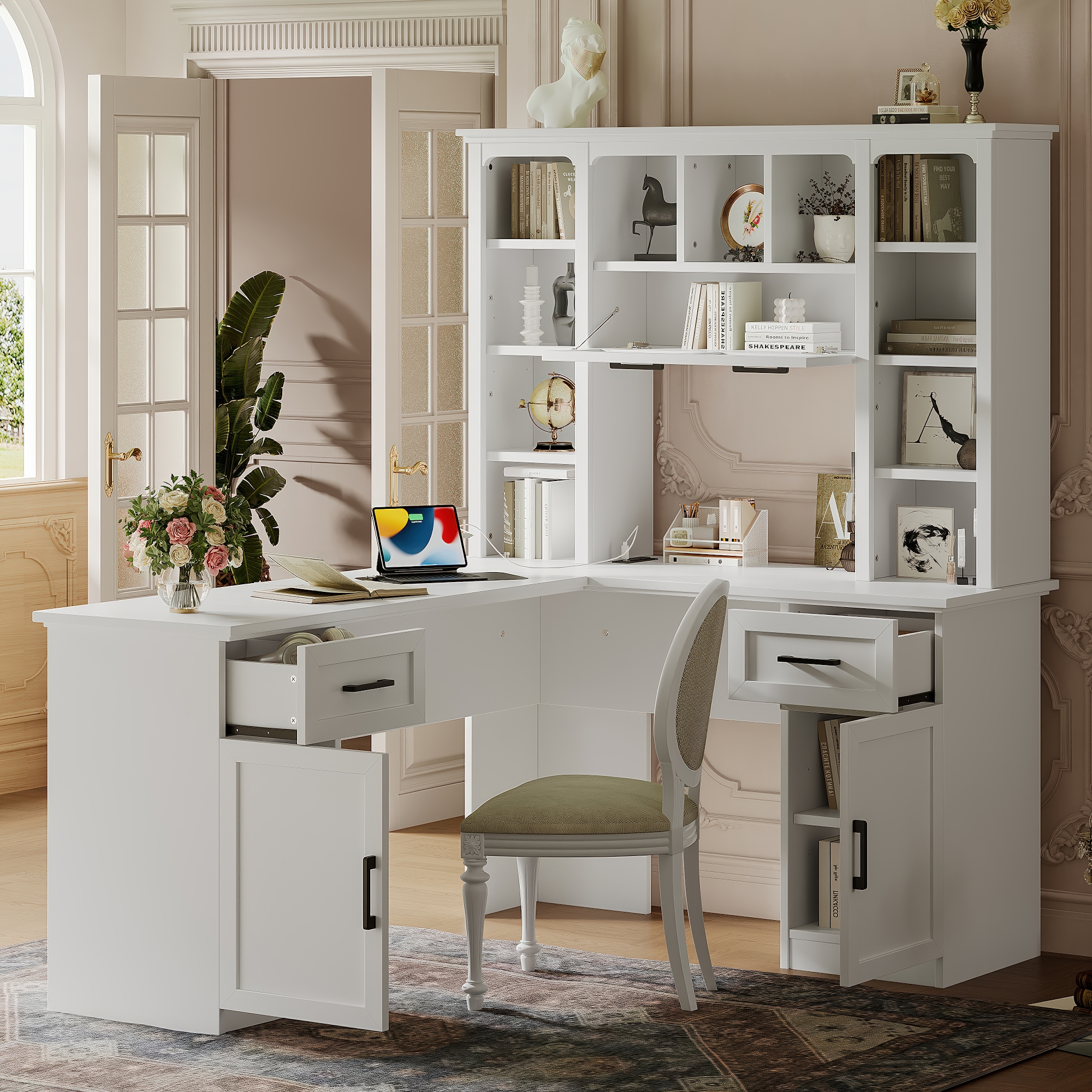 L-Shaped Computer Desk with 2 Cabinets and 2 Drawers, 11 Open Shelves and 1 Right Flip Shelf with Storage, with Power Outlet, for Study, Living Room and Office, White - Image 2