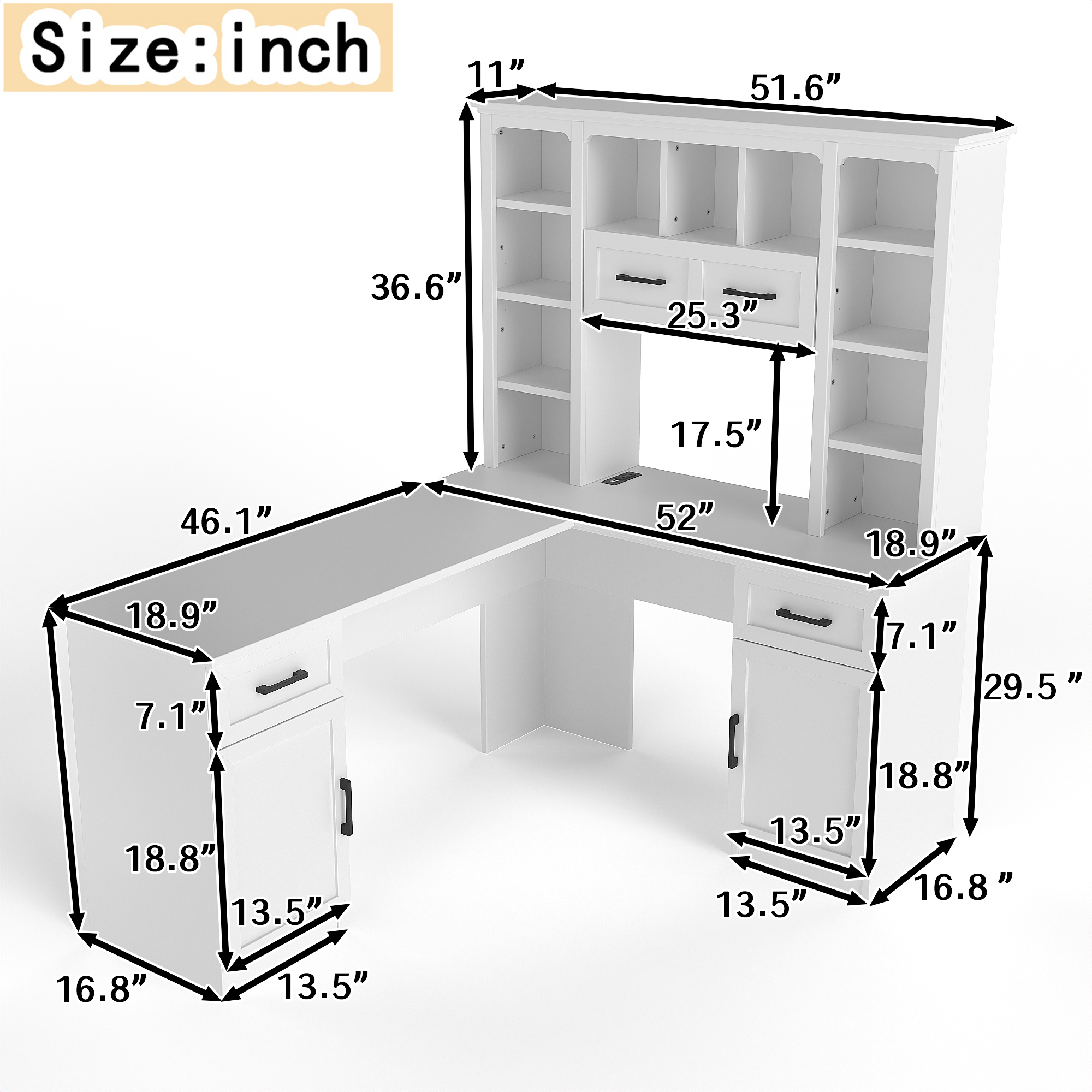 L-Shaped Computer Desk with 2 Cabinets and 2 Drawers, 11 Open Shelves and 1 Right Flip Shelf with Storage, with Power Outlet, for Study, Living Room and Office, White - Image 3