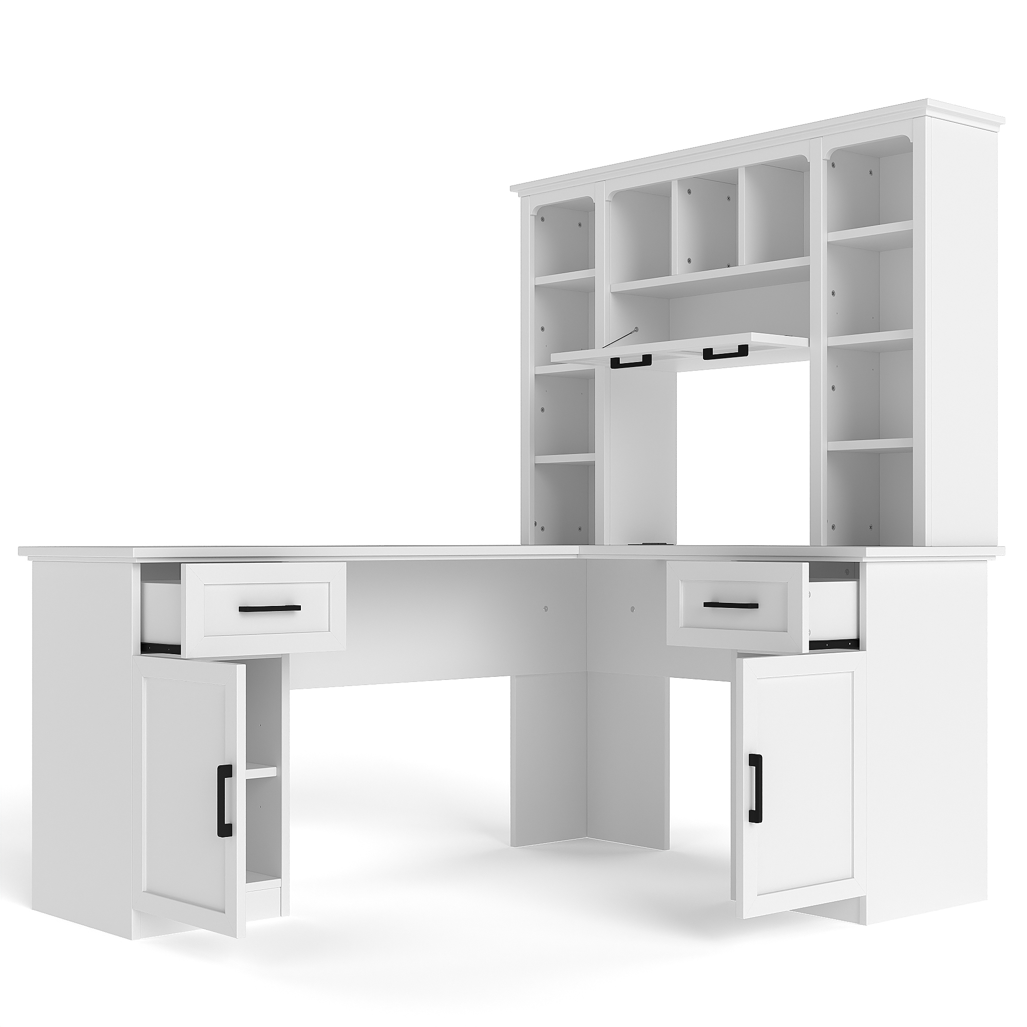 L-Shaped Computer Desk with 2 Cabinets and 2 Drawers, 11 Open Shelves and 1 Right Flip Shelf with Storage, with Power Outlet, for Study, Living Room and Office, White - Image 4