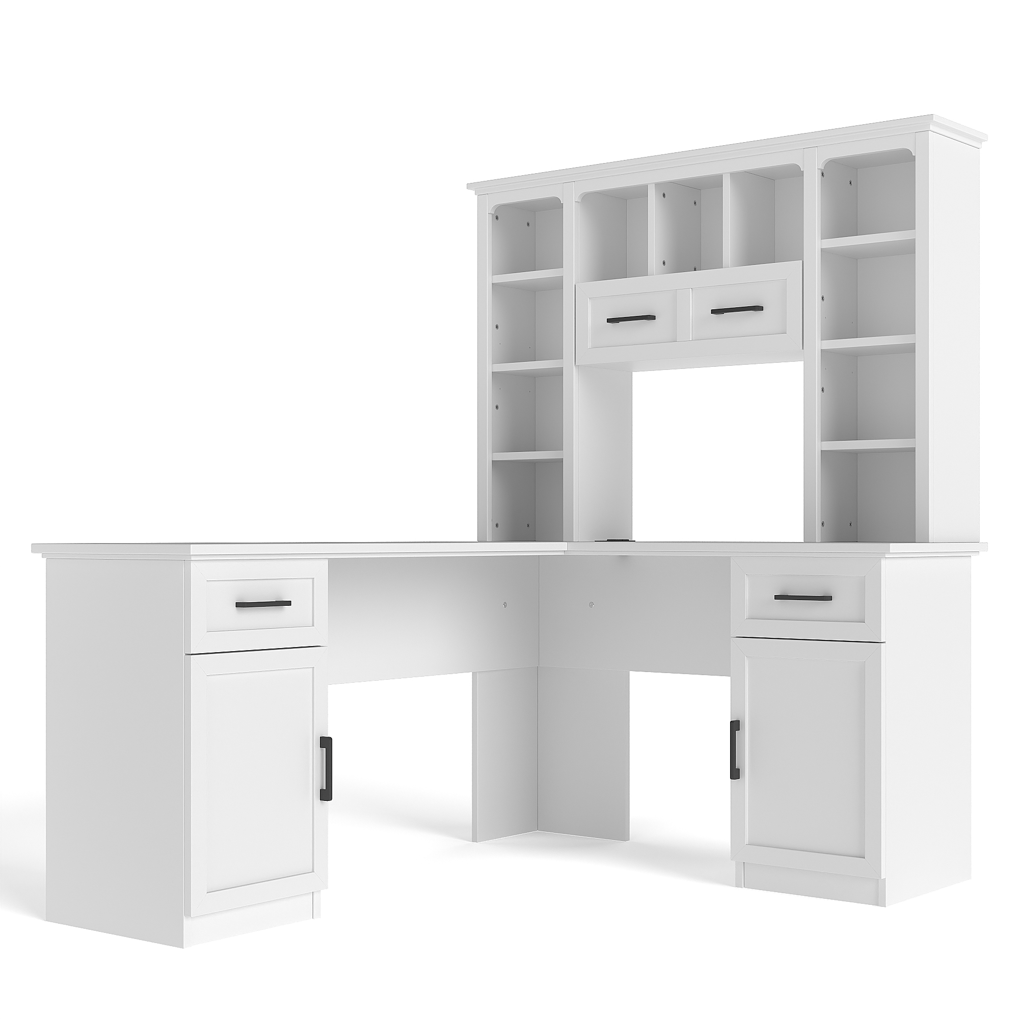 L-Shaped Computer Desk with 2 Cabinets and 2 Drawers, 11 Open Shelves and 1 Right Flip Shelf with Storage, with Power Outlet, for Study, Living Room and Office, White - Image 5