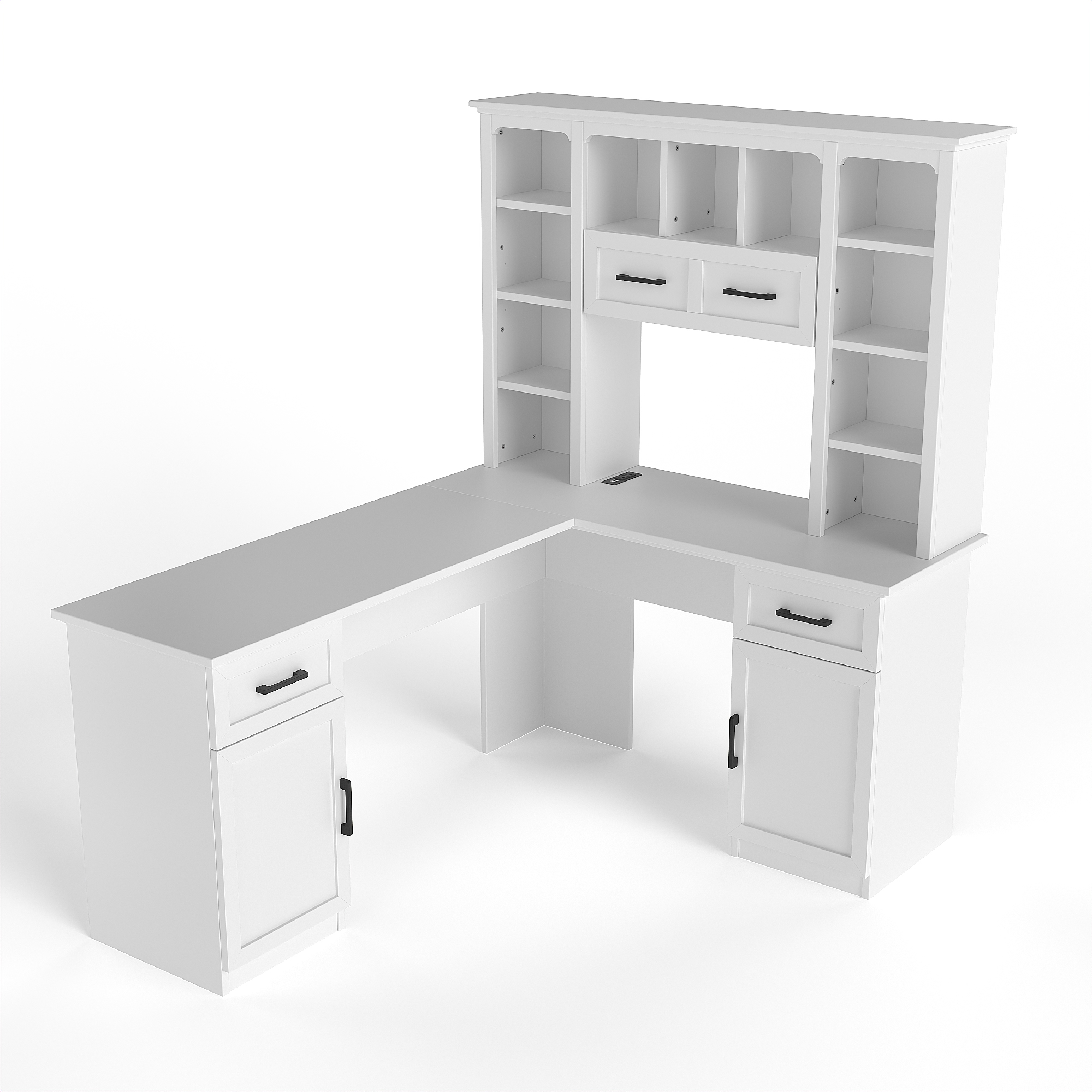 L-Shaped Computer Desk with 2 Cabinets and 2 Drawers, 11 Open Shelves and 1 Right Flip Shelf with Storage, with Power Outlet, for Study, Living Room and Office, White - Image 6