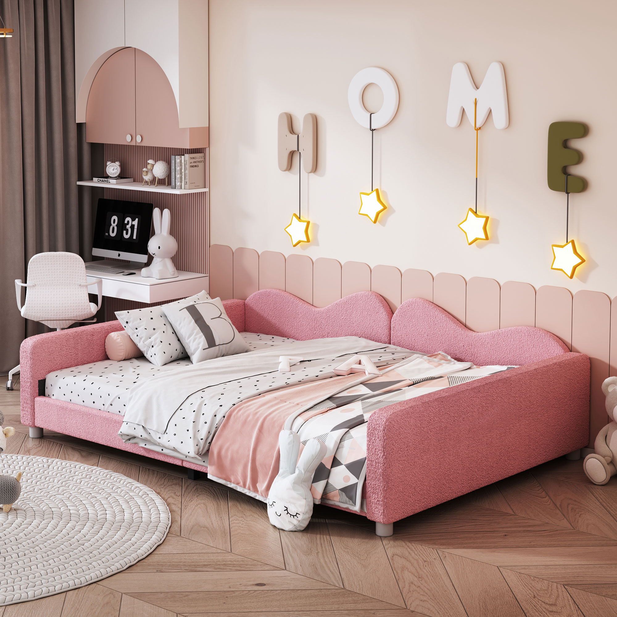 Full size Upholstered Daybed, Sherpa Fabric Sofabed with Cloud-Shaped Backrest, No Box-spring Needed, Pink(Old SKU: WF532069AAH) - Image 3