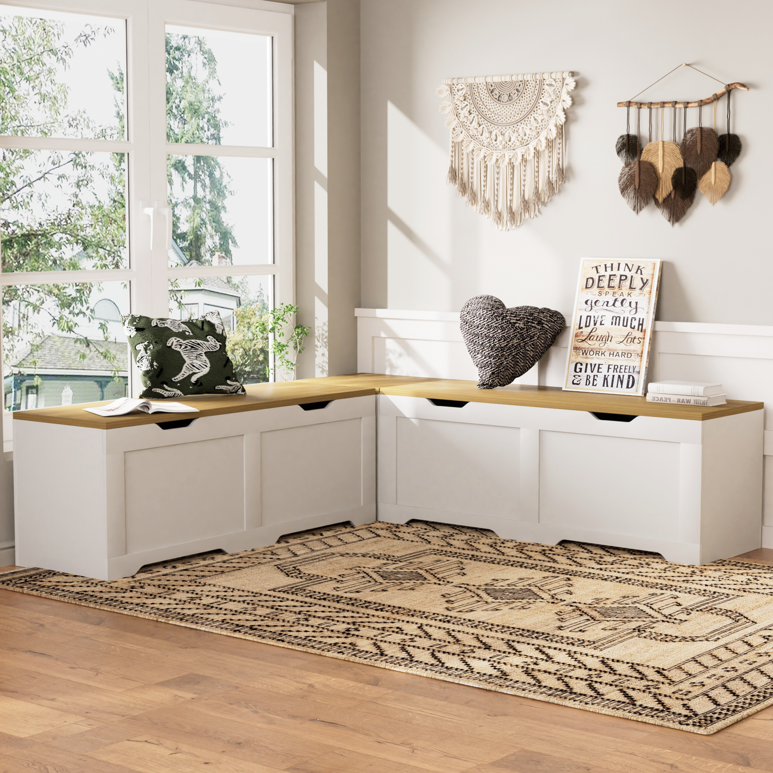 3-Piece L-Shaped Multi-Functional Storage Bench with Cushion, serving as a kitchen corner bench, toy storage box, or reading nook seat., White and Natural, 63"D x 63"W x 19.1"H - Image 2