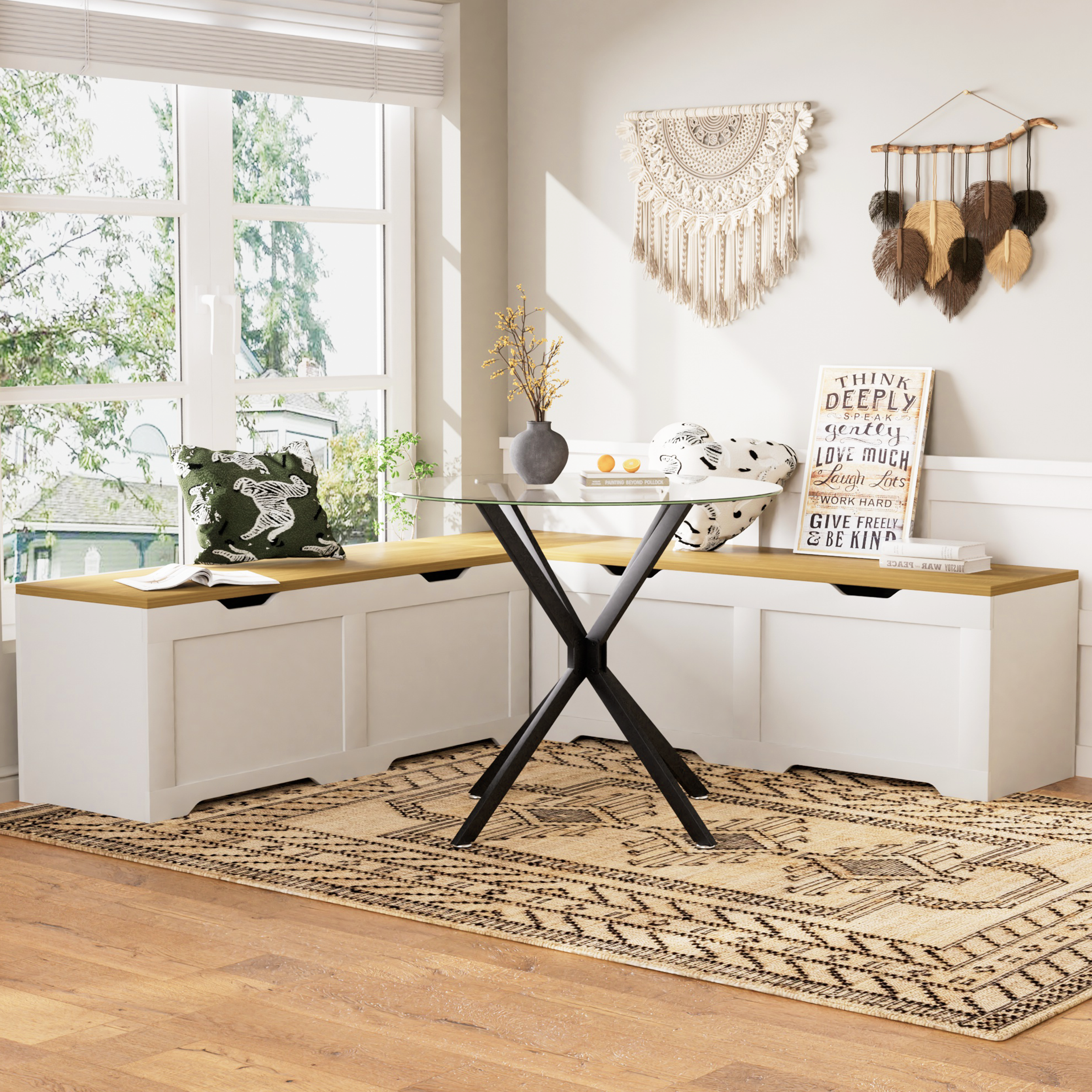 3-Piece L-Shaped Multi-Functional Storage Bench with Cushion, serving as a kitchen corner bench, toy storage box, or reading nook seat., White and Natural, 63"D x 63"W x 19.1"H - Image 3