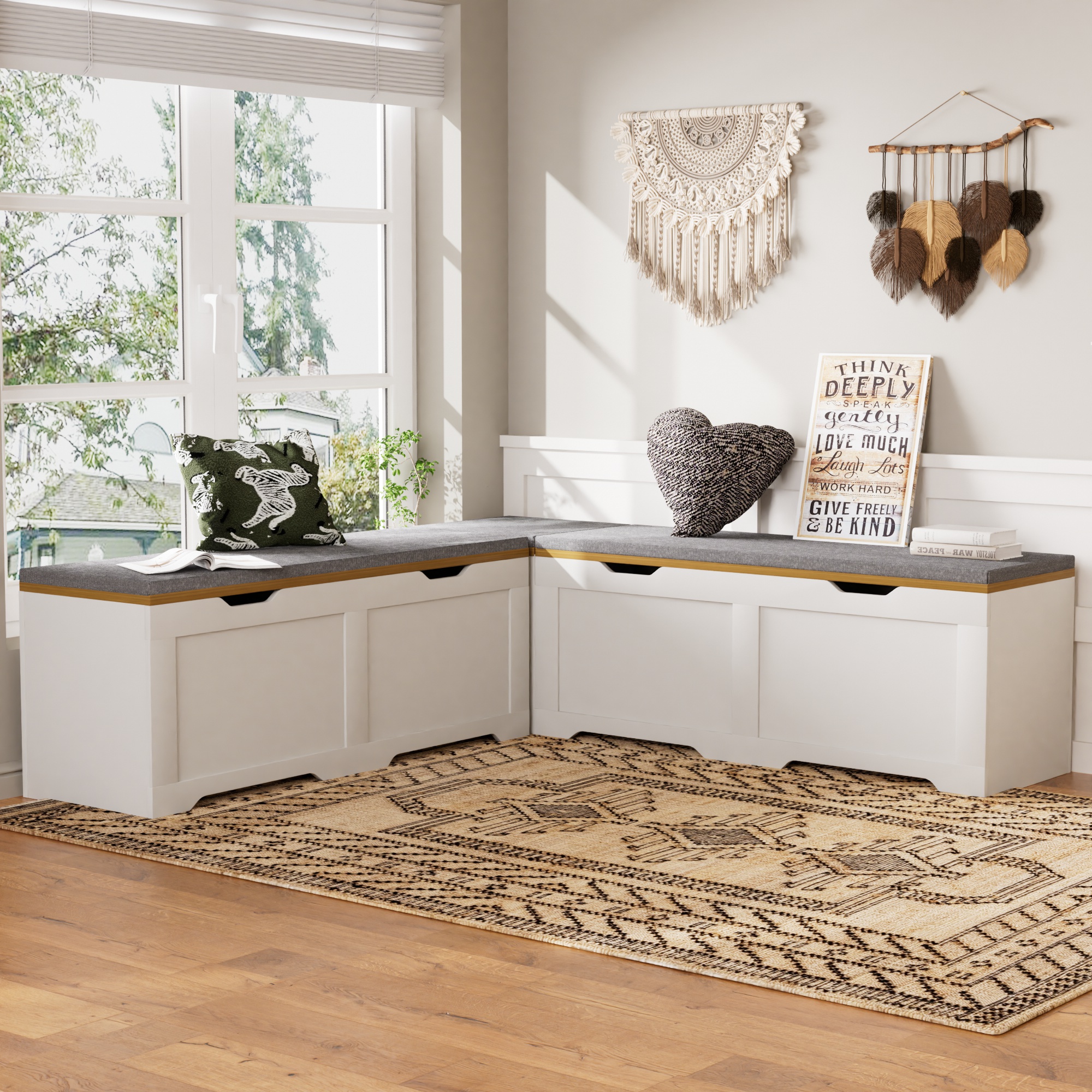 3-Piece L-Shaped Multi-Functional Storage Bench with Cushion, serving as a kitchen corner bench, toy storage box, or reading nook seat., White and Natural, 63"D x 63"W x 19.1"H - Image 4