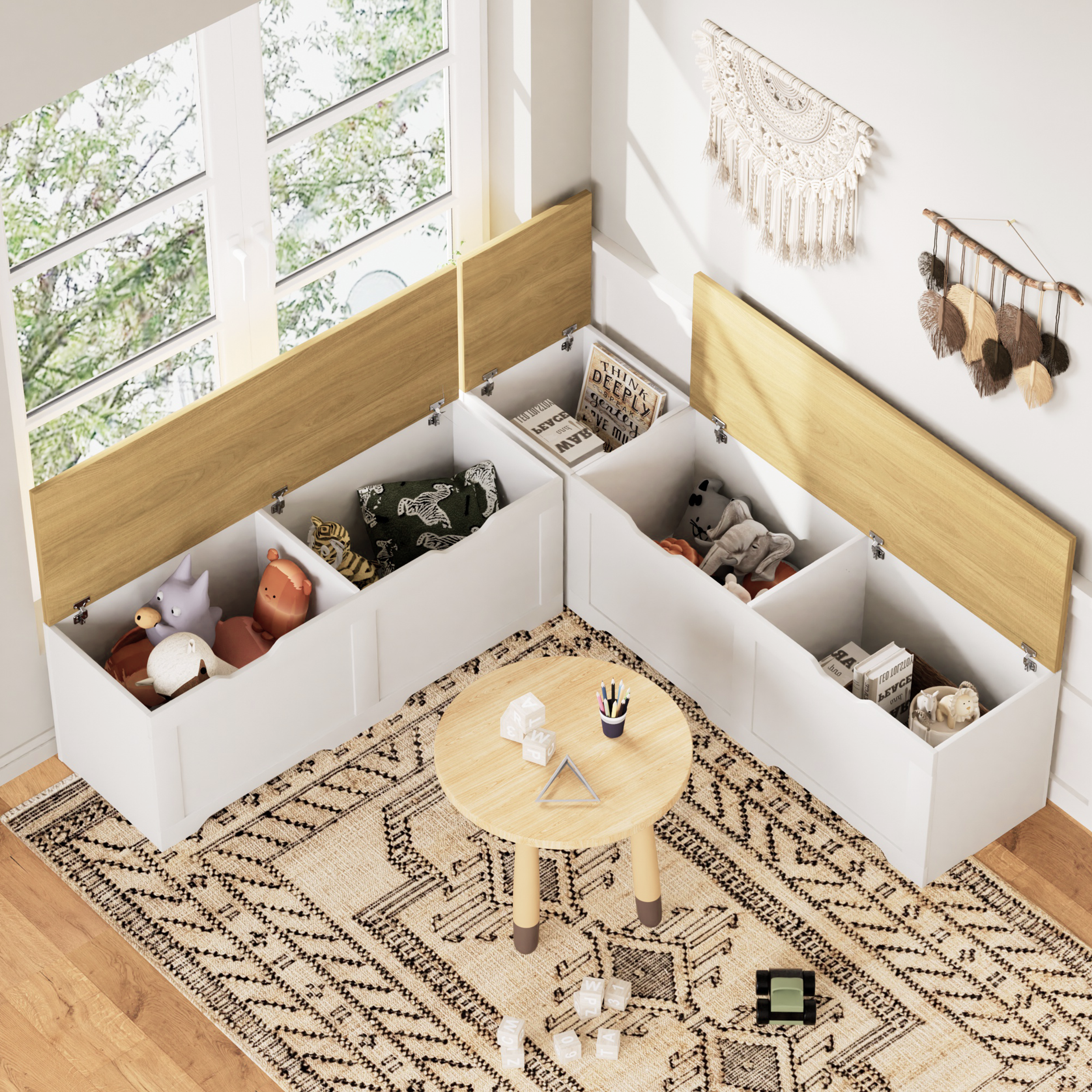 3-Piece L-Shaped Multi-Functional Storage Bench with Cushion, serving as a kitchen corner bench, toy storage box, or reading nook seat., White and Natural, 63"D x 63"W x 19.1"H - Image 5