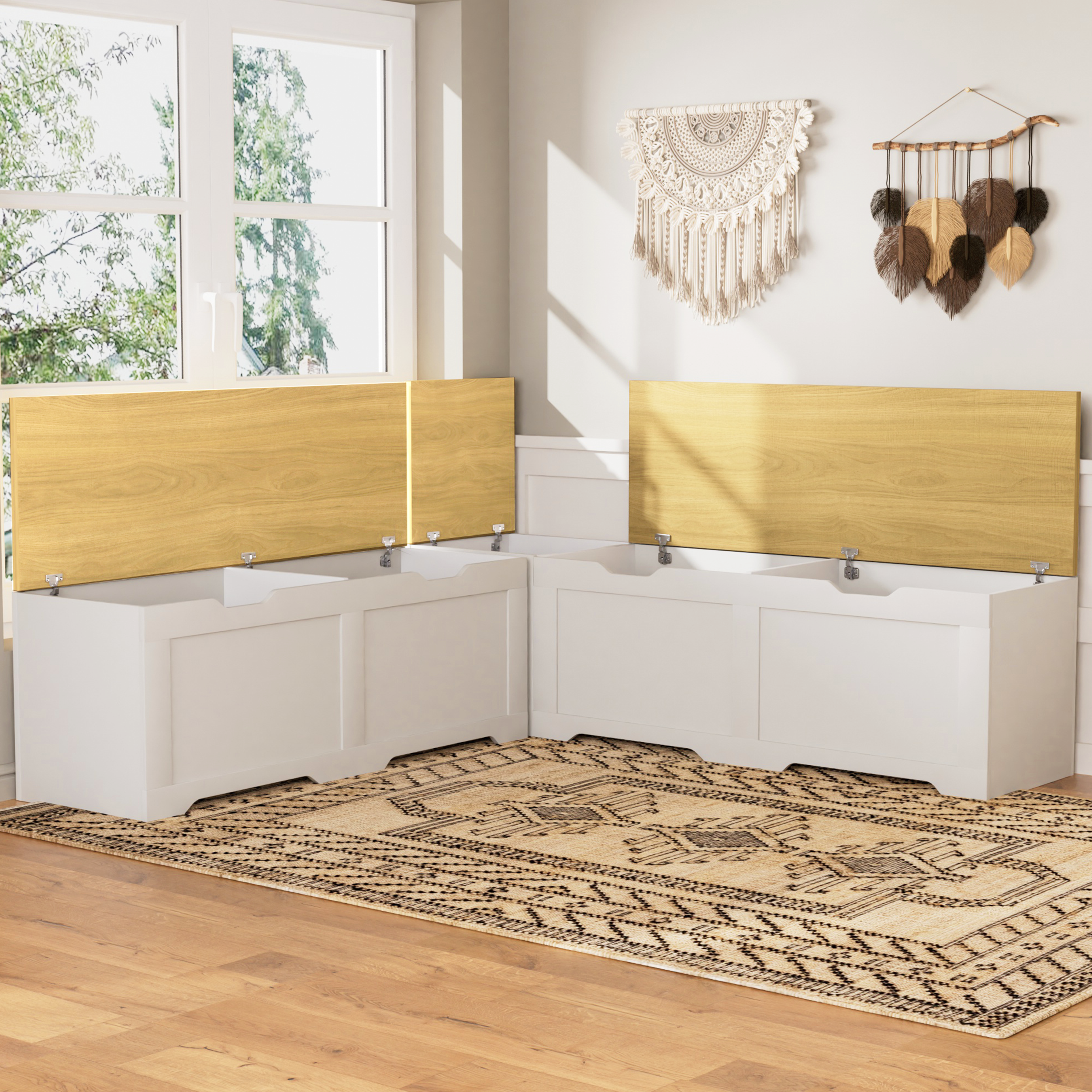 3-Piece L-Shaped Multi-Functional Storage Bench with Cushion, serving as a kitchen corner bench, toy storage box, or reading nook seat., White and Natural, 63"D x 63"W x 19.1"H - Image 6