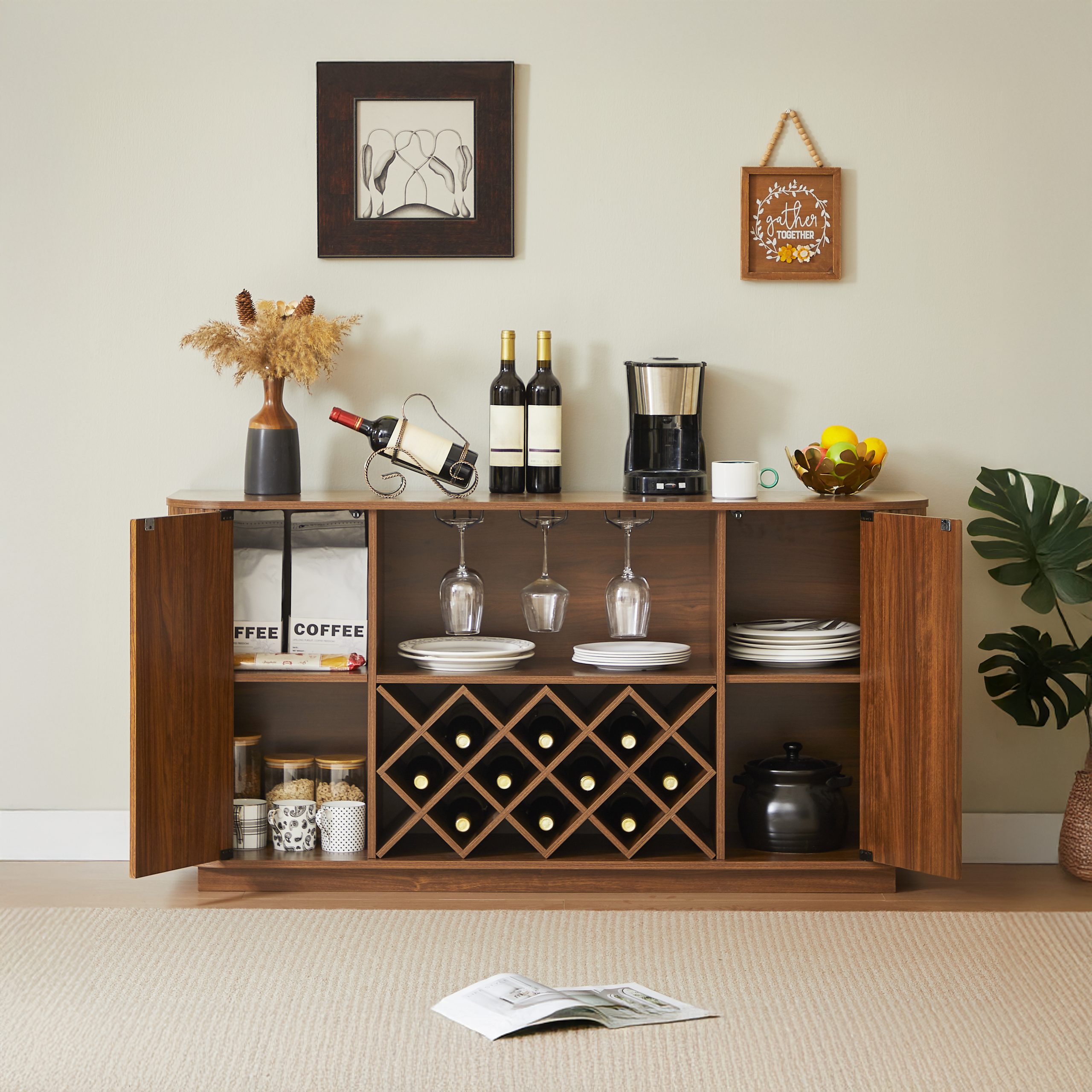 58" Modern Wavy Curve Sideboard-Multifunctional storage cabinet with wine rack and glassware holder, adjustable shelves for wine storage and coffee bar, suitable for kitchens and dining rooms.Walnut - Image 2
