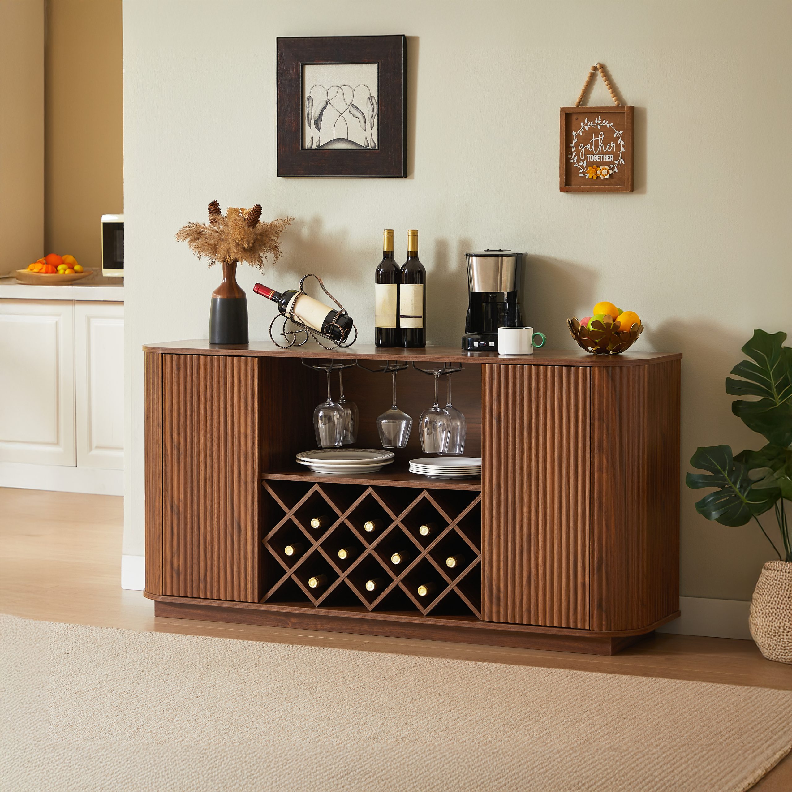 58" Modern Wavy Curve Sideboard-Multifunctional storage cabinet with wine rack and glassware holder, adjustable shelves for wine storage and coffee bar, suitable for kitchens and dining rooms.Walnut - Image 3