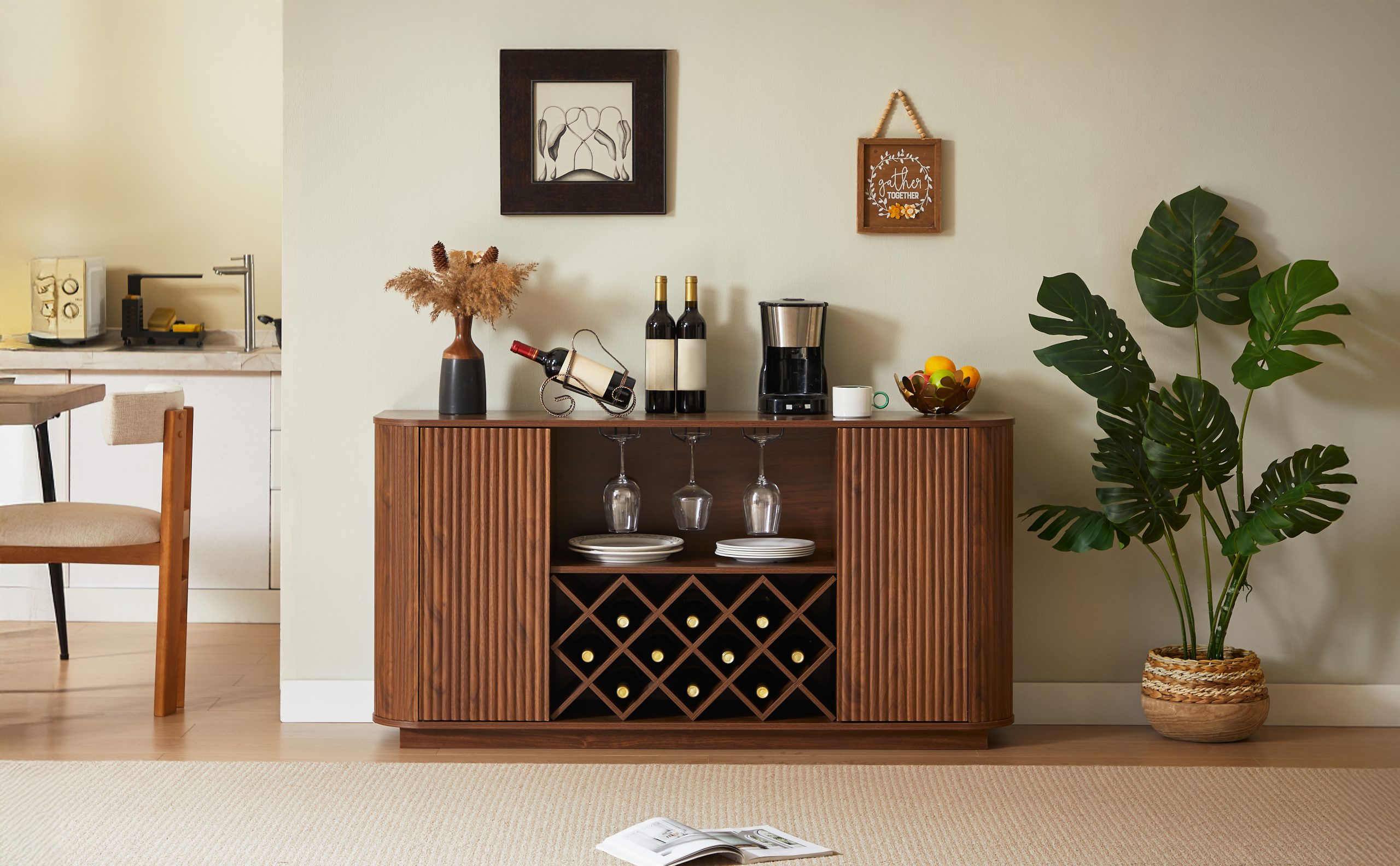 58" Modern Wavy Curve Sideboard-Multifunctional storage cabinet with wine rack and glassware holder, adjustable shelves for wine storage and coffee bar, suitable for kitchens and dining rooms.Walnut - Image 4