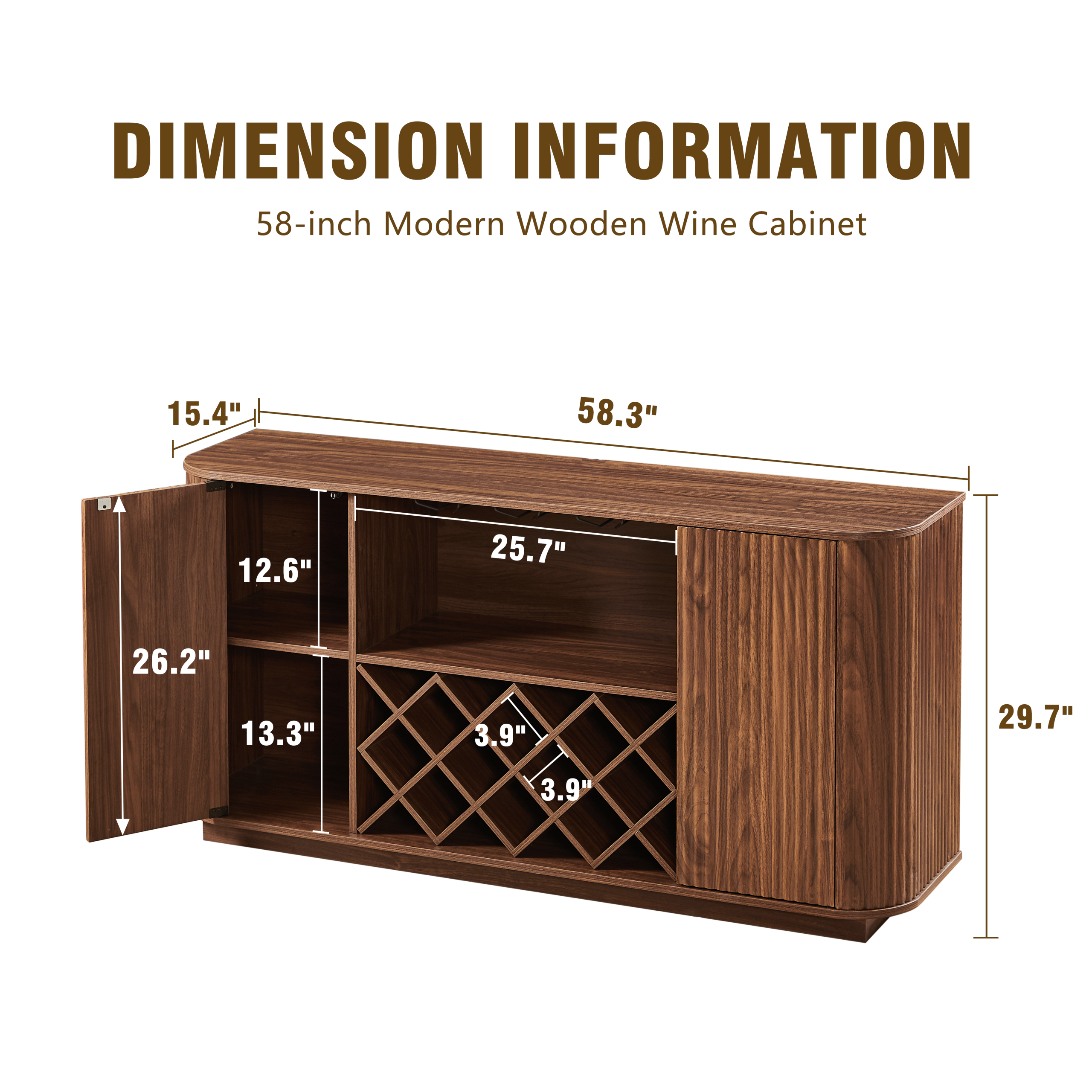 58" Modern Wavy Curve Sideboard-Multifunctional storage cabinet with wine rack and glassware holder, adjustable shelves for wine storage and coffee bar, suitable for kitchens and dining rooms.Walnut - Image 5