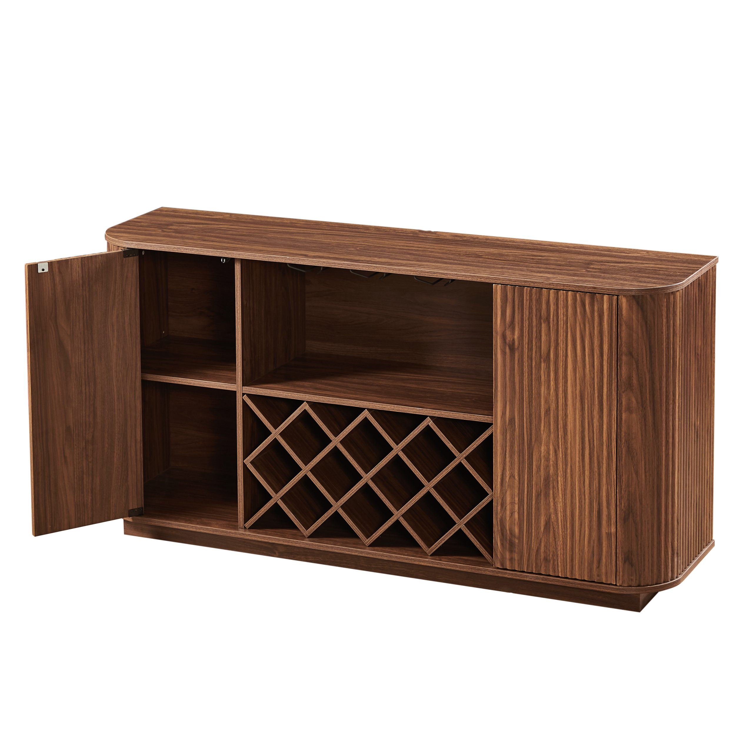 58" Modern Wavy Curve Sideboard-Multifunctional storage cabinet with wine rack and glassware holder, adjustable shelves for wine storage and coffee bar, suitable for kitchens and dining rooms.Walnut - Image 6