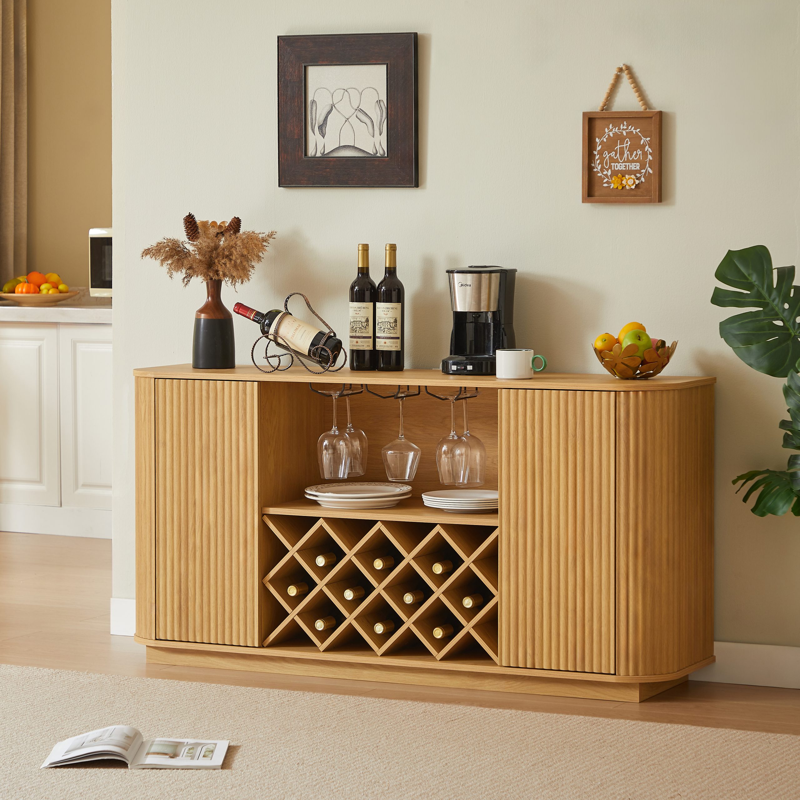 58" Modern Wavy Curve Sideboard-Multifunctional storage cabinet with wine rack and glassware holder, adjustable shelves for wine storage and coffee bar, suitable for kitchens and dining rooms.Natural - Image 2