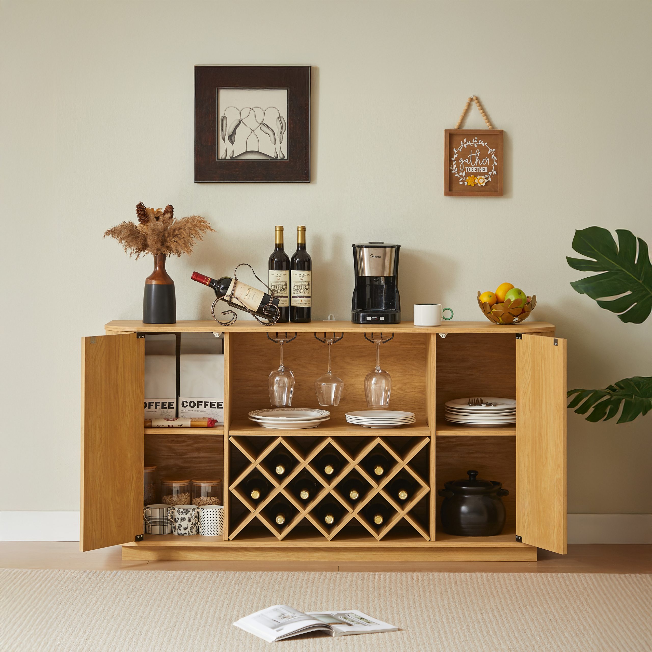 58" Modern Wavy Curve Sideboard-Multifunctional storage cabinet with wine rack and glassware holder, adjustable shelves for wine storage and coffee bar, suitable for kitchens and dining rooms.Natural - Image 3