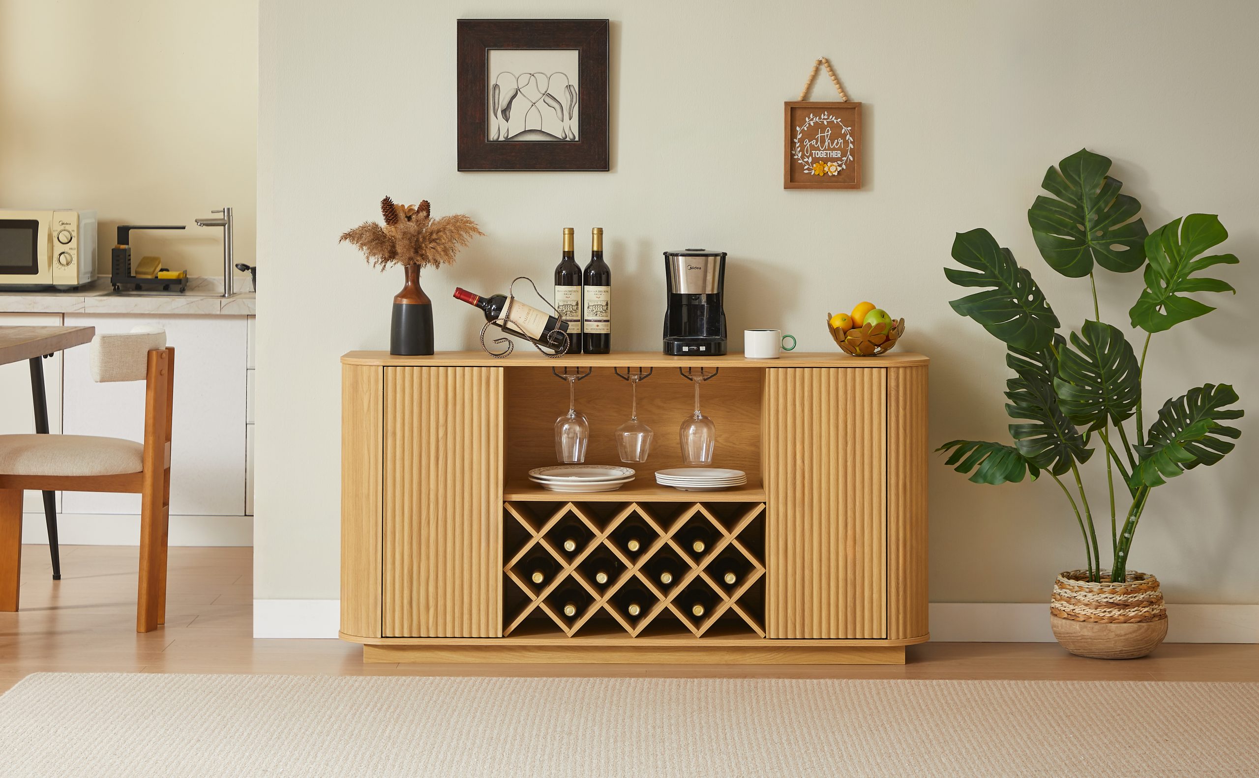 58" Modern Wavy Curve Sideboard-Multifunctional storage cabinet with wine rack and glassware holder, adjustable shelves for wine storage and coffee bar, suitable for kitchens and dining rooms.Natural - Image 4