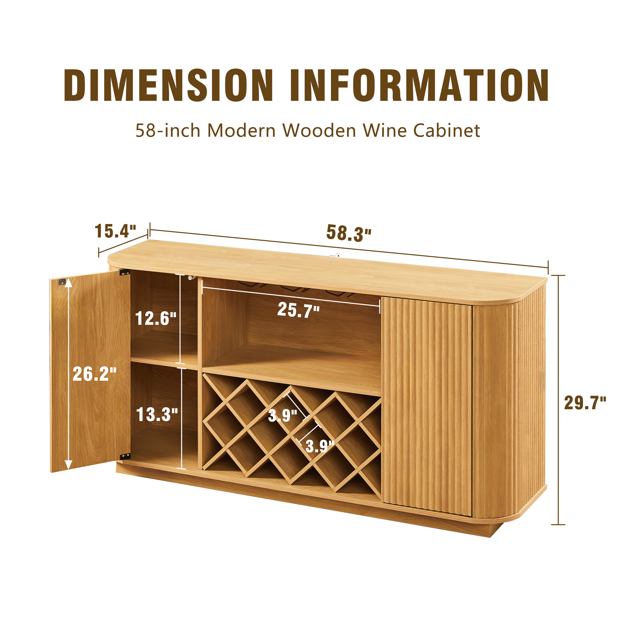 58" Modern Wavy Curve Sideboard-Multifunctional storage cabinet with wine rack and glassware holder, adjustable shelves for wine storage and coffee bar, suitable for kitchens and dining rooms.Natural - Image 5