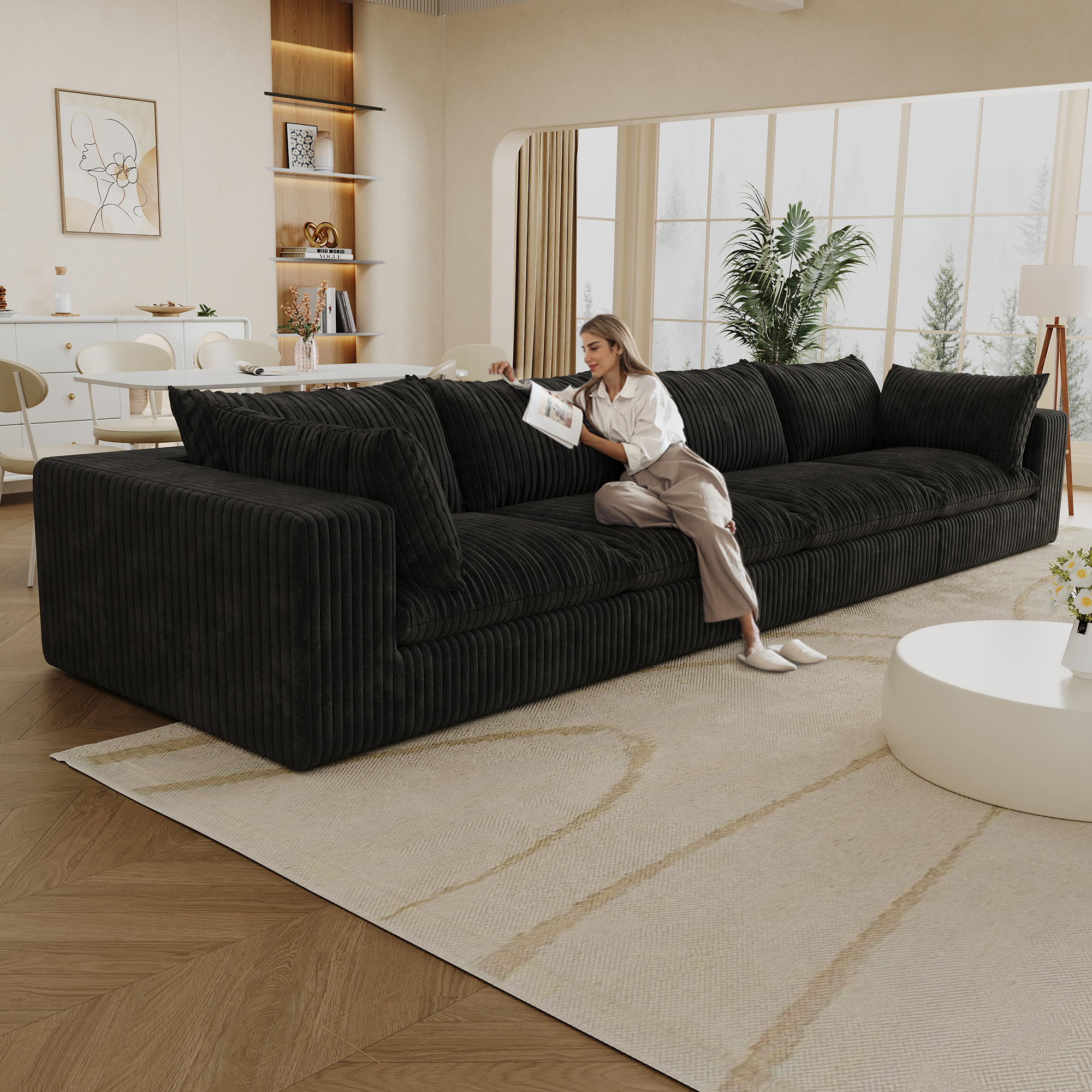 157.6"Cloud Sofa,Corduroy Fabric,Deep Seat Couches,Double-layer design,Removable Cushion,No Assembly,DIY Combination for Living room, Bedroom,Conference room ,Apartment,Black - Image 3