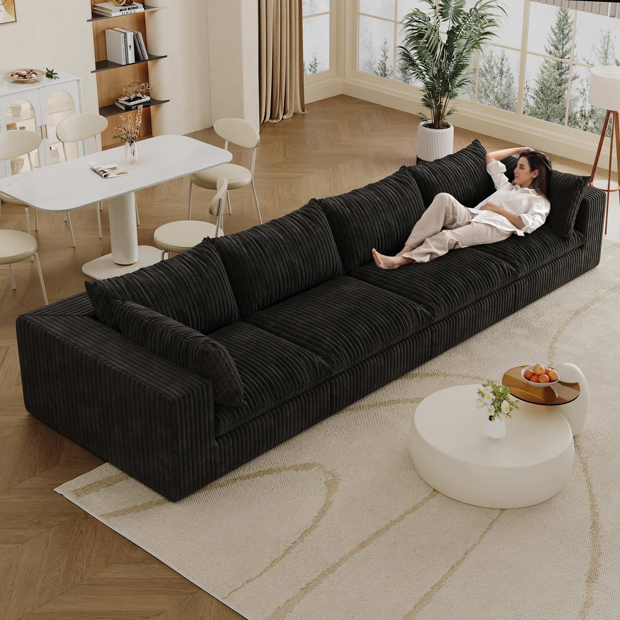 157.6"Cloud Sofa,Corduroy Fabric,Deep Seat Couches,Double-layer design,Removable Cushion,No Assembly,DIY Combination for Living room, Bedroom,Conference room ,Apartment,Black - Image 4