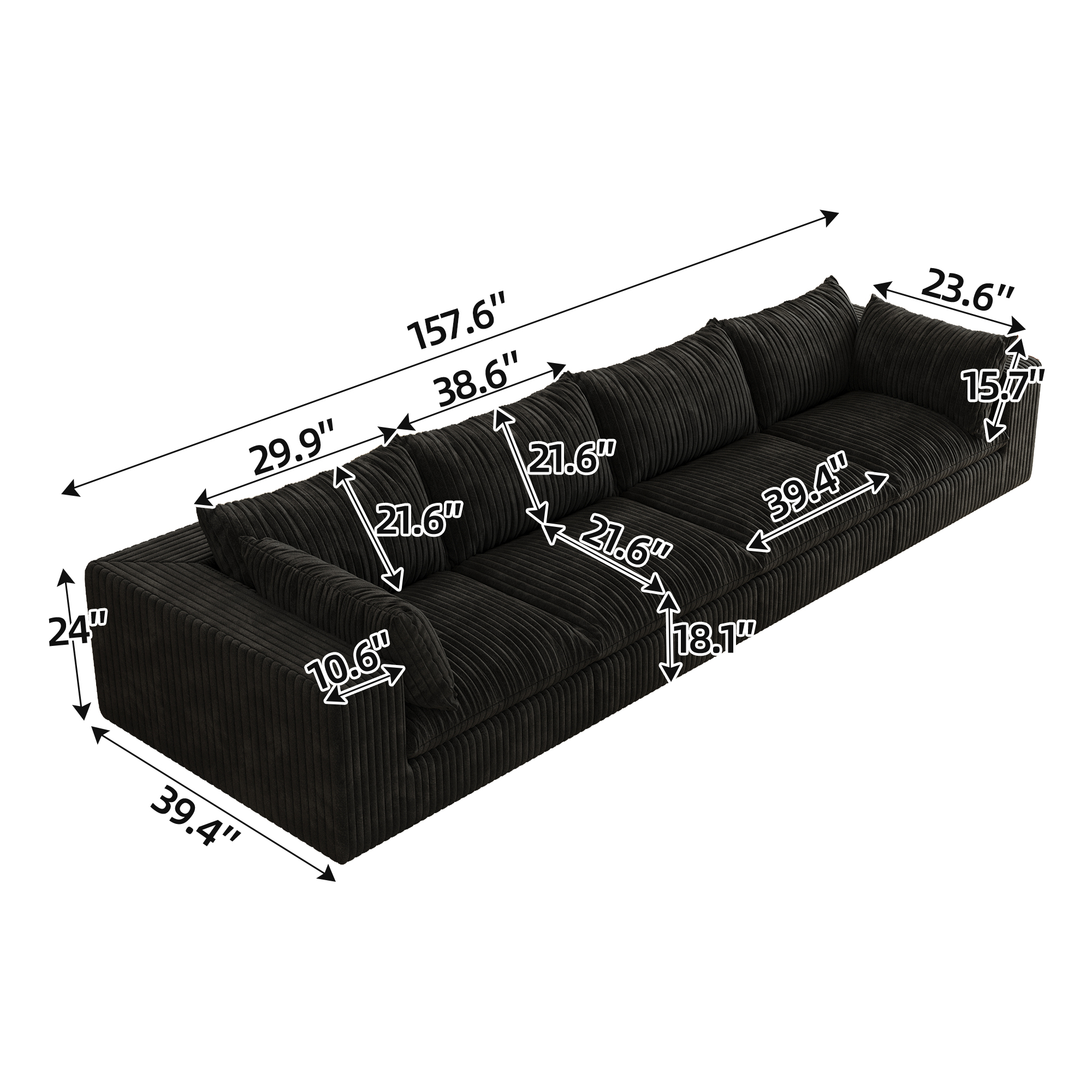 157.6"Cloud Sofa,Corduroy Fabric,Deep Seat Couches,Double-layer design,Removable Cushion,No Assembly,DIY Combination for Living room, Bedroom,Conference room ,Apartment,Black - Image 5