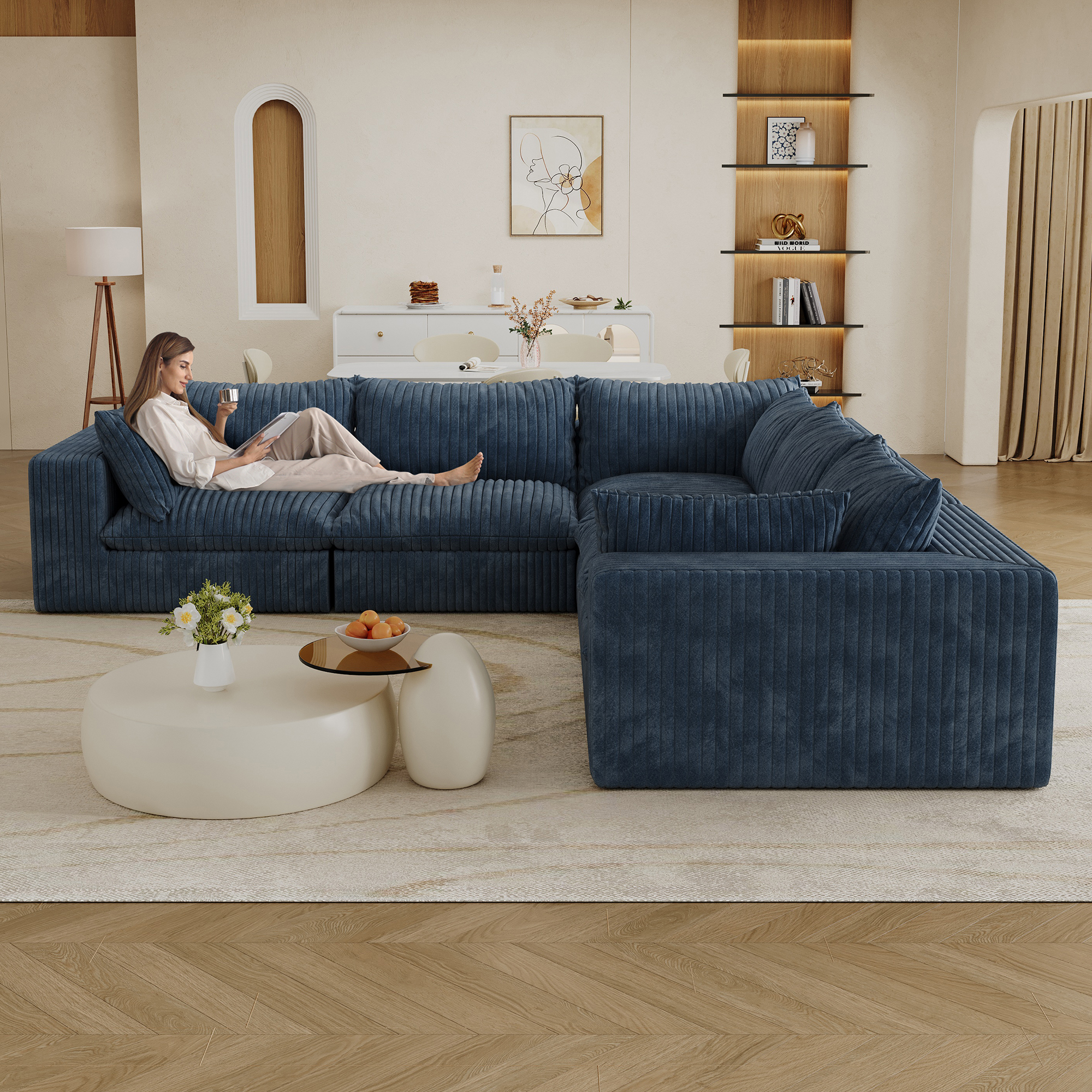 118.2" Cloud Sofa,Corduroy Fabric,Deep Seat Couches,Double-layer design,Removable Cushion,No Assembly, DIY Combination for Living room, Bedroom,Conference room ,Apartment,Blue - Image 2