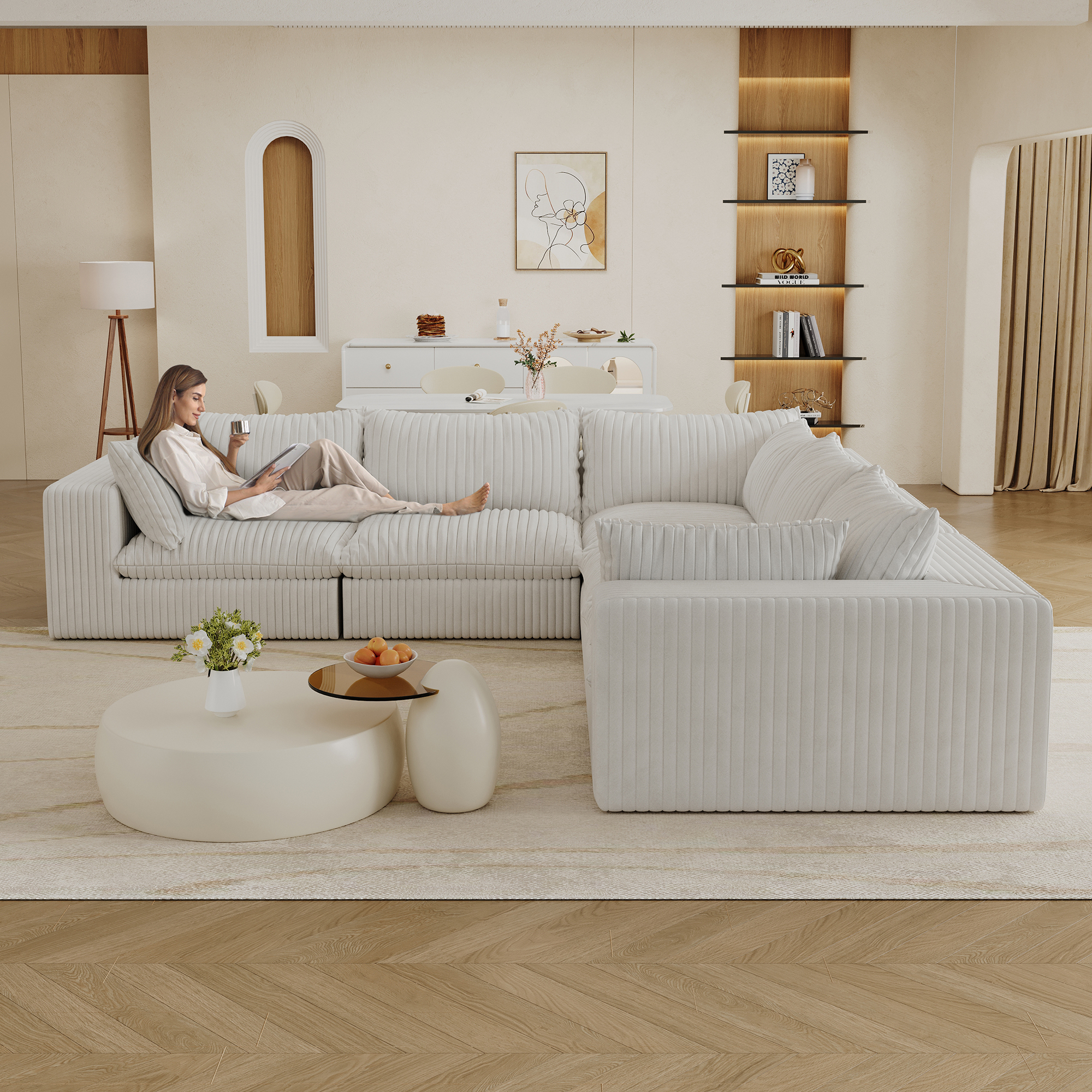 118.2" Cloud Sofa,Corduroy Fabric,Deep Seat Couches,Double-layer design,Removable Cushion,No Assembly, DIY Combination for Living room, Bedroom,Conference room ,Apartment,WHITE - Image 2