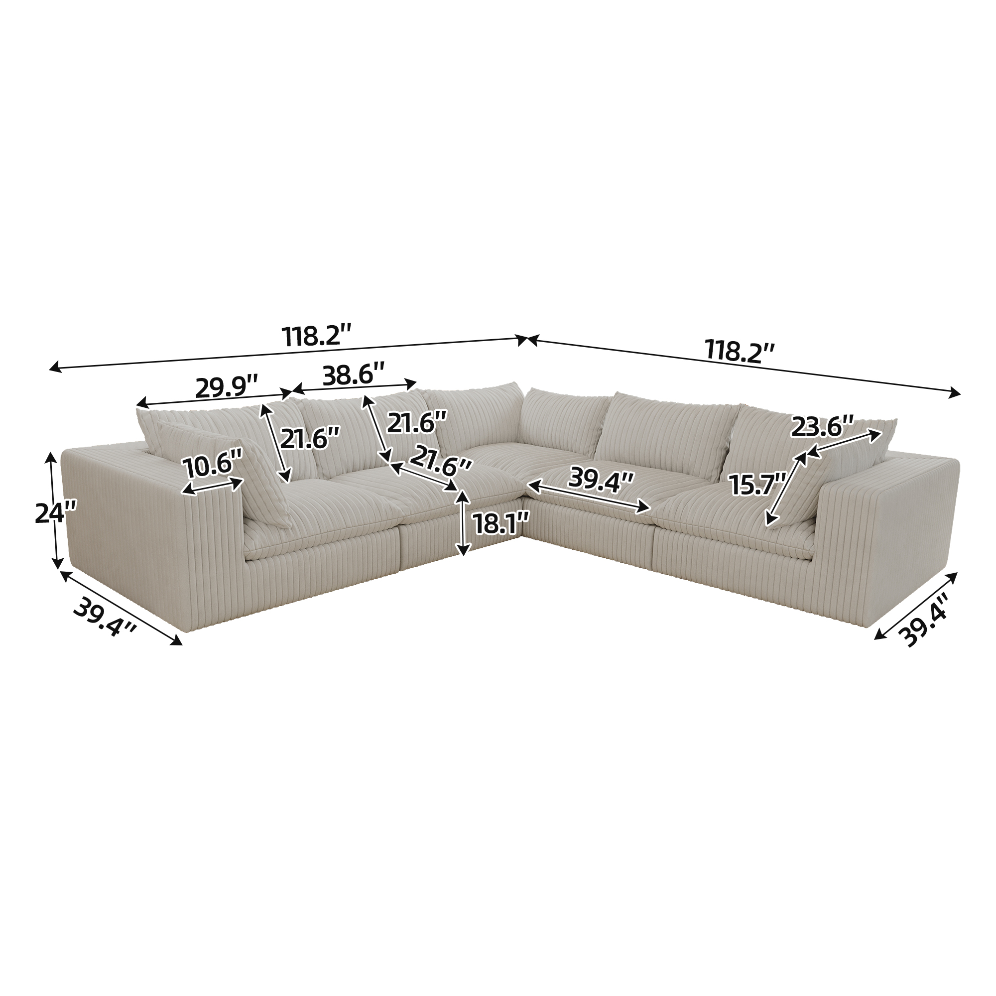 118.2" Cloud Sofa,Corduroy Fabric,Deep Seat Couches,Double-layer design,Removable Cushion,No Assembly, DIY Combination for Living room, Bedroom,Conference room ,Apartment,WHITE - Image 6