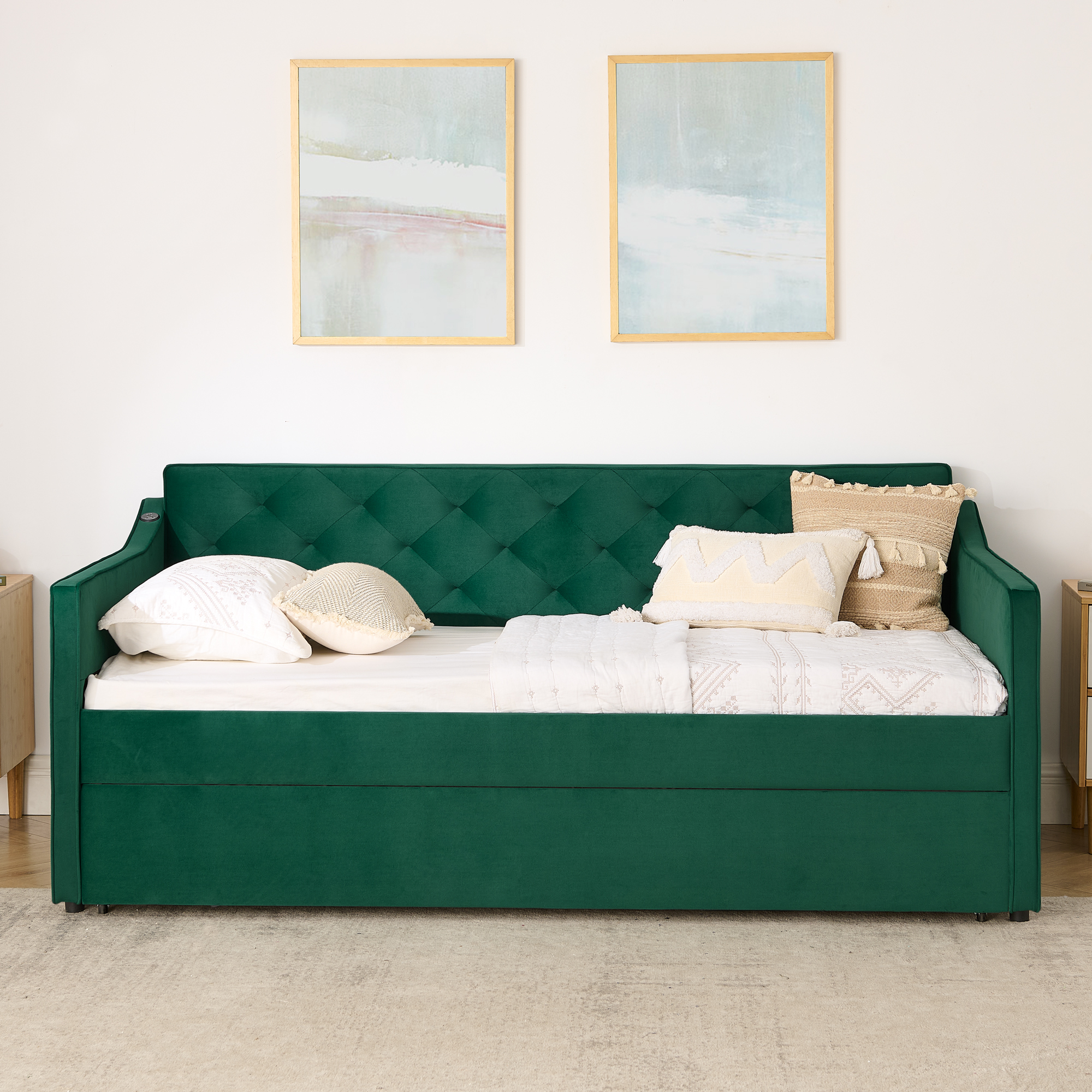 Twin Size Upholstery DayBed with Twin Size Pop-up Trundle and USB Charging Design - Image 3