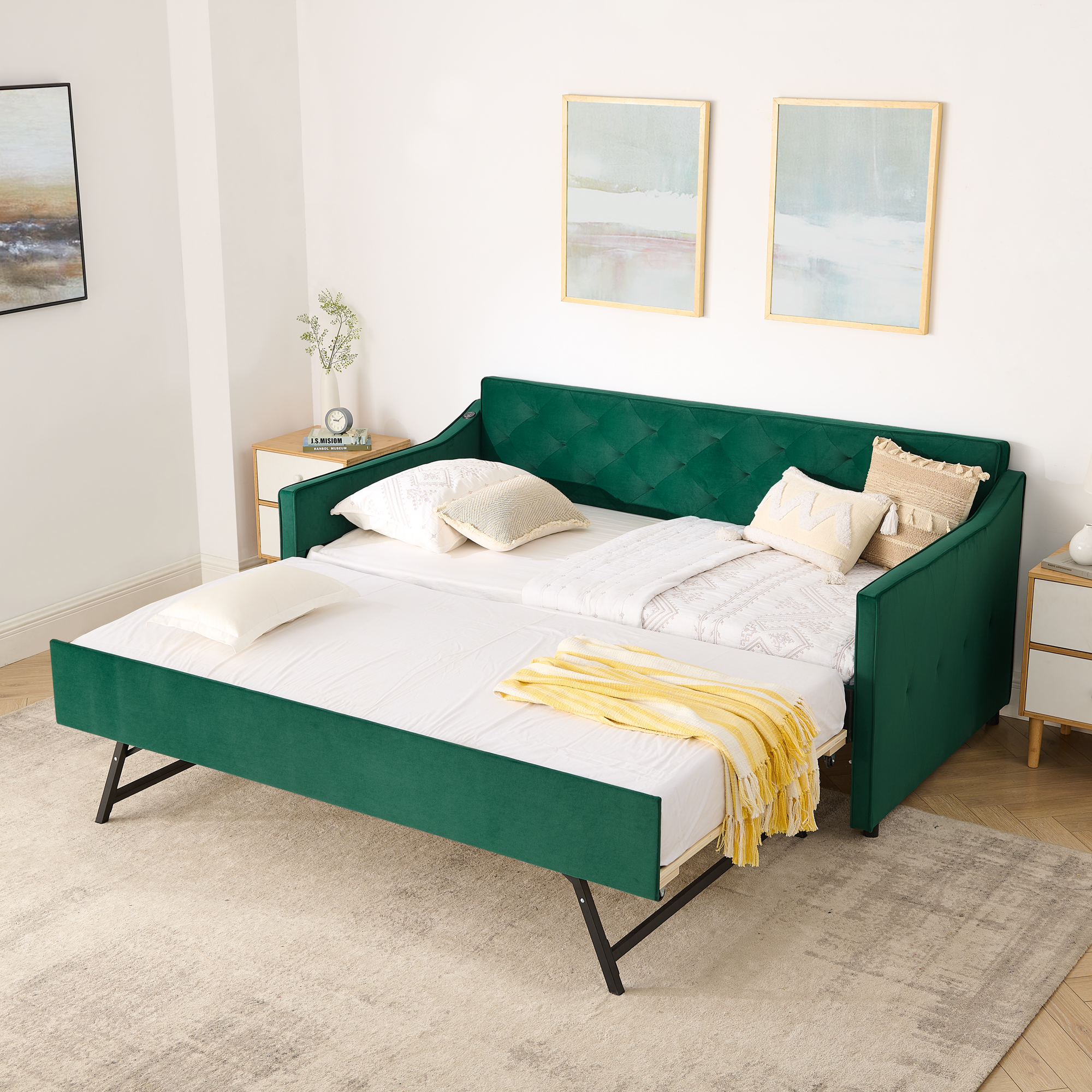 Twin Size Upholstery DayBed with Twin Size Pop-up Trundle and USB Charging Design - Image 4
