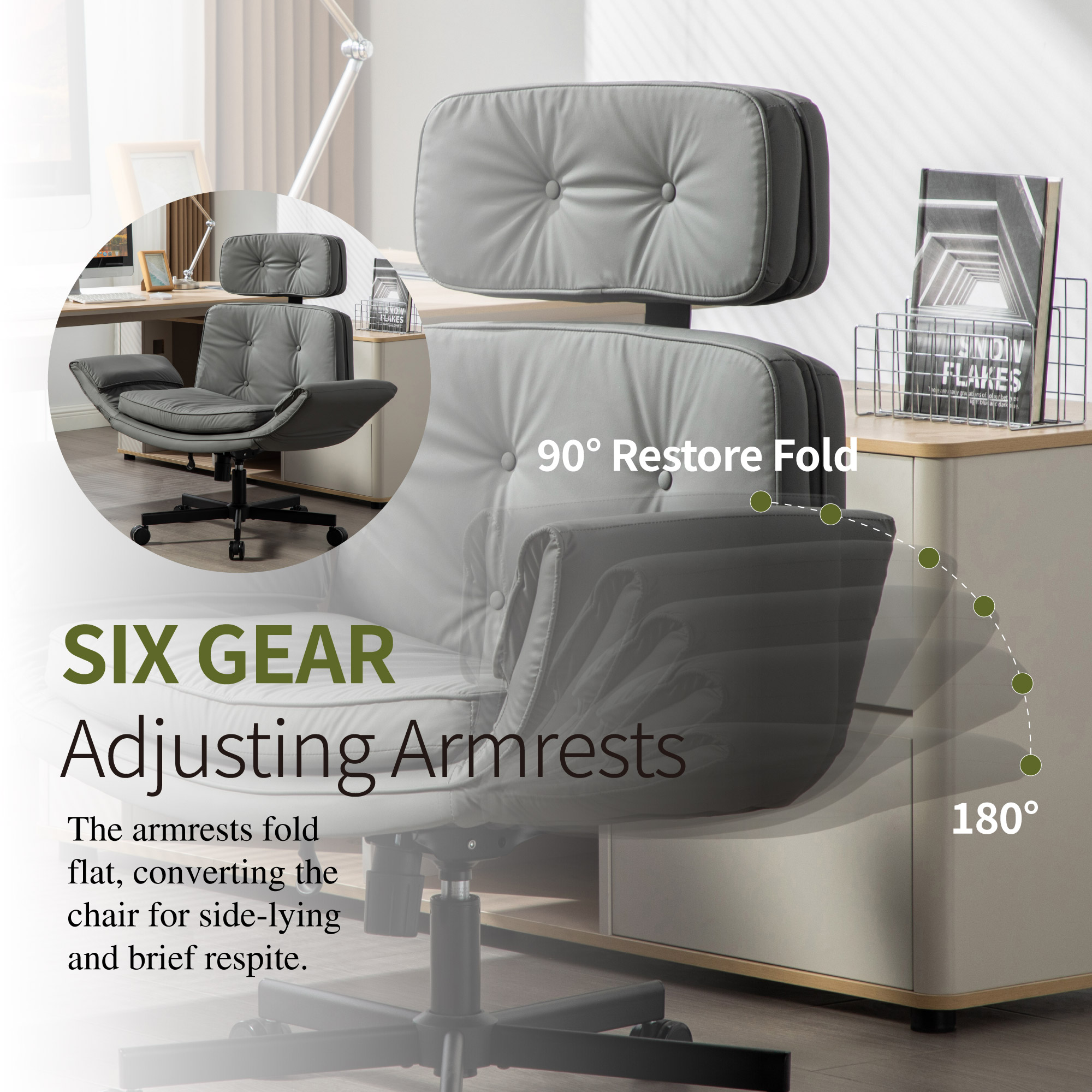 Criss Cross Chair with Adjustable Armrests & Wheels & Headrest, PU Lounge Vanity Desk Chair with Wide Seat for Cross-Legged Sitting, Swivel Task Office Chairs for Home, Makeup, Gaming, Office, Gray - Image 2