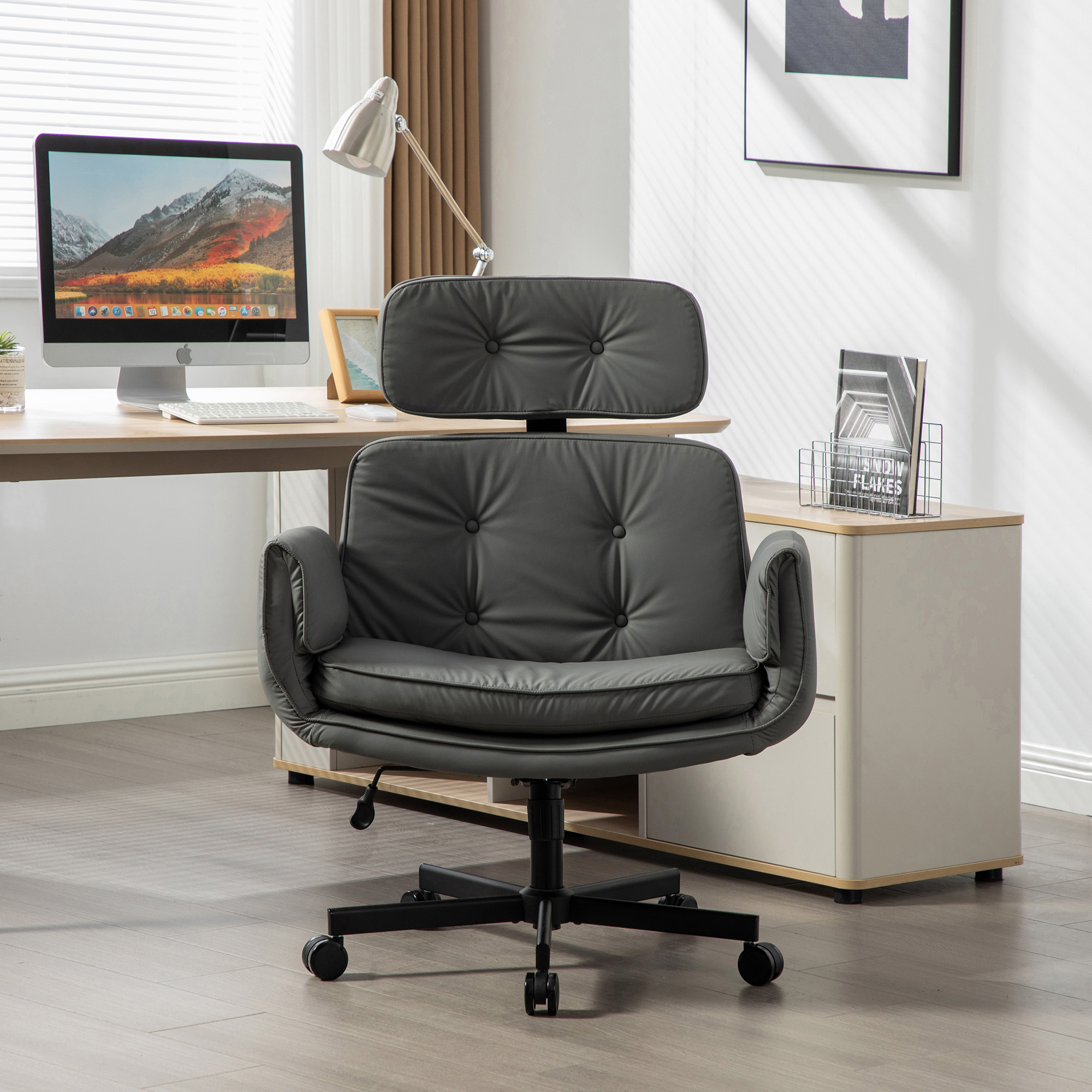 Criss Cross Chair with Adjustable Armrests & Wheels & Headrest, PU Lounge Vanity Desk Chair with Wide Seat for Cross-Legged Sitting, Swivel Task Office Chairs for Home, Makeup, Gaming, Office, Gray - Image 3