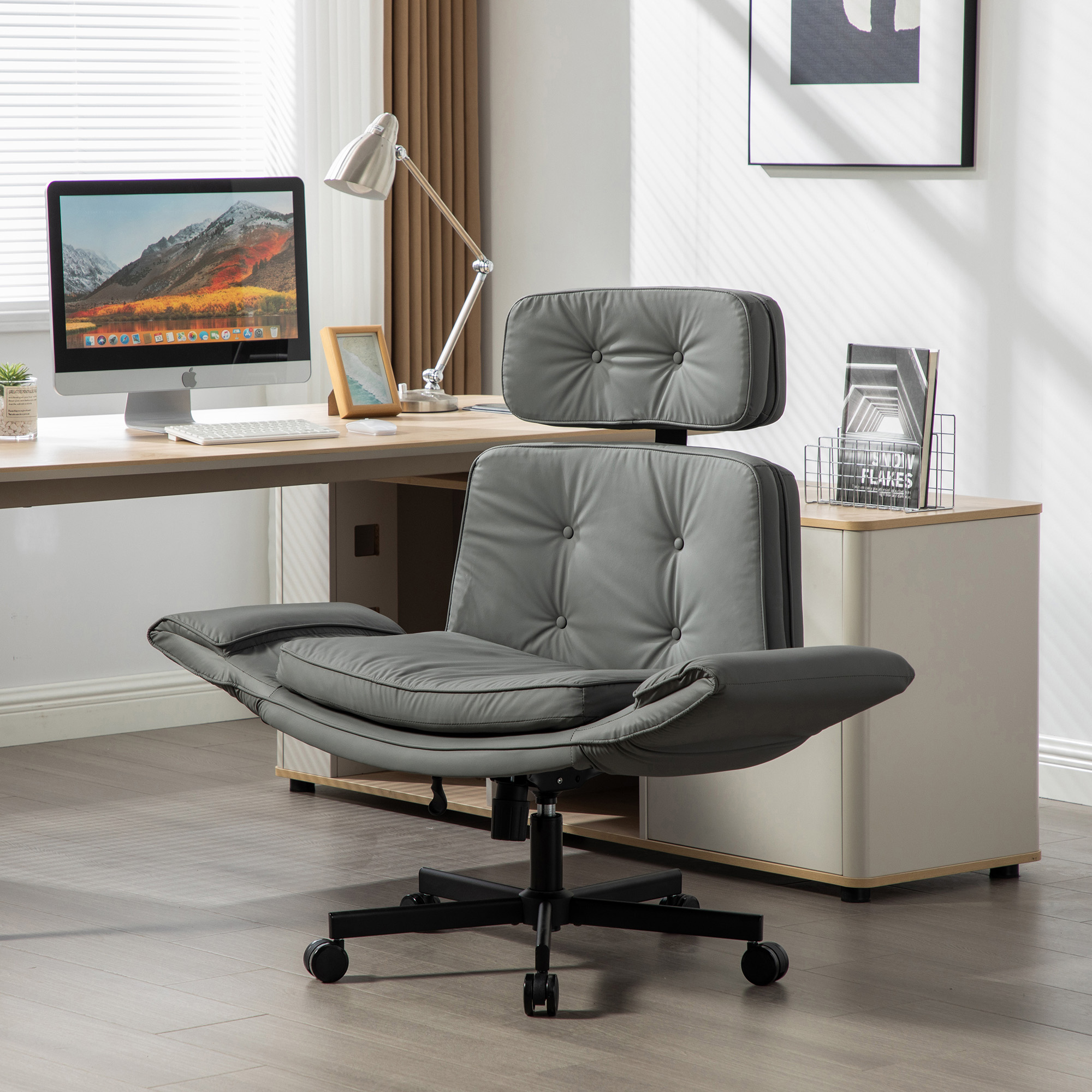 Criss Cross Chair with Adjustable Armrests & Wheels & Headrest, PU Lounge Vanity Desk Chair with Wide Seat for Cross-Legged Sitting, Swivel Task Office Chairs for Home, Makeup, Gaming, Office, Gray - Image 4